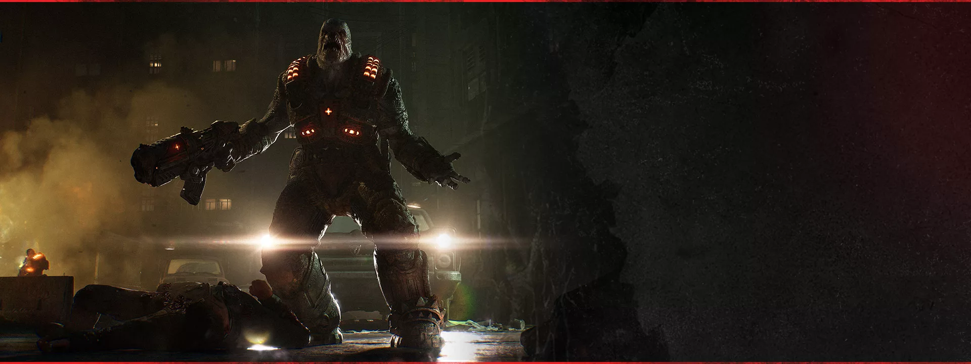 Faróis de um carro a iluminar um Boomer em Gears of War: E-Day