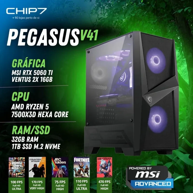 CHIP7 PEGASUS V41 com Ryzen 5 7500X3D e RTX 5060 Ti 16GB