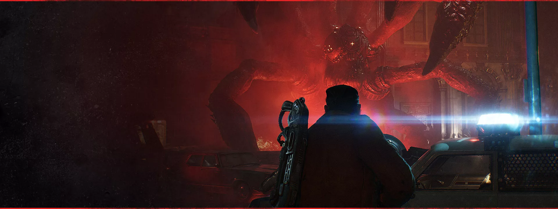 Marcus frente a uma criatura Locust gigante no E-Day
