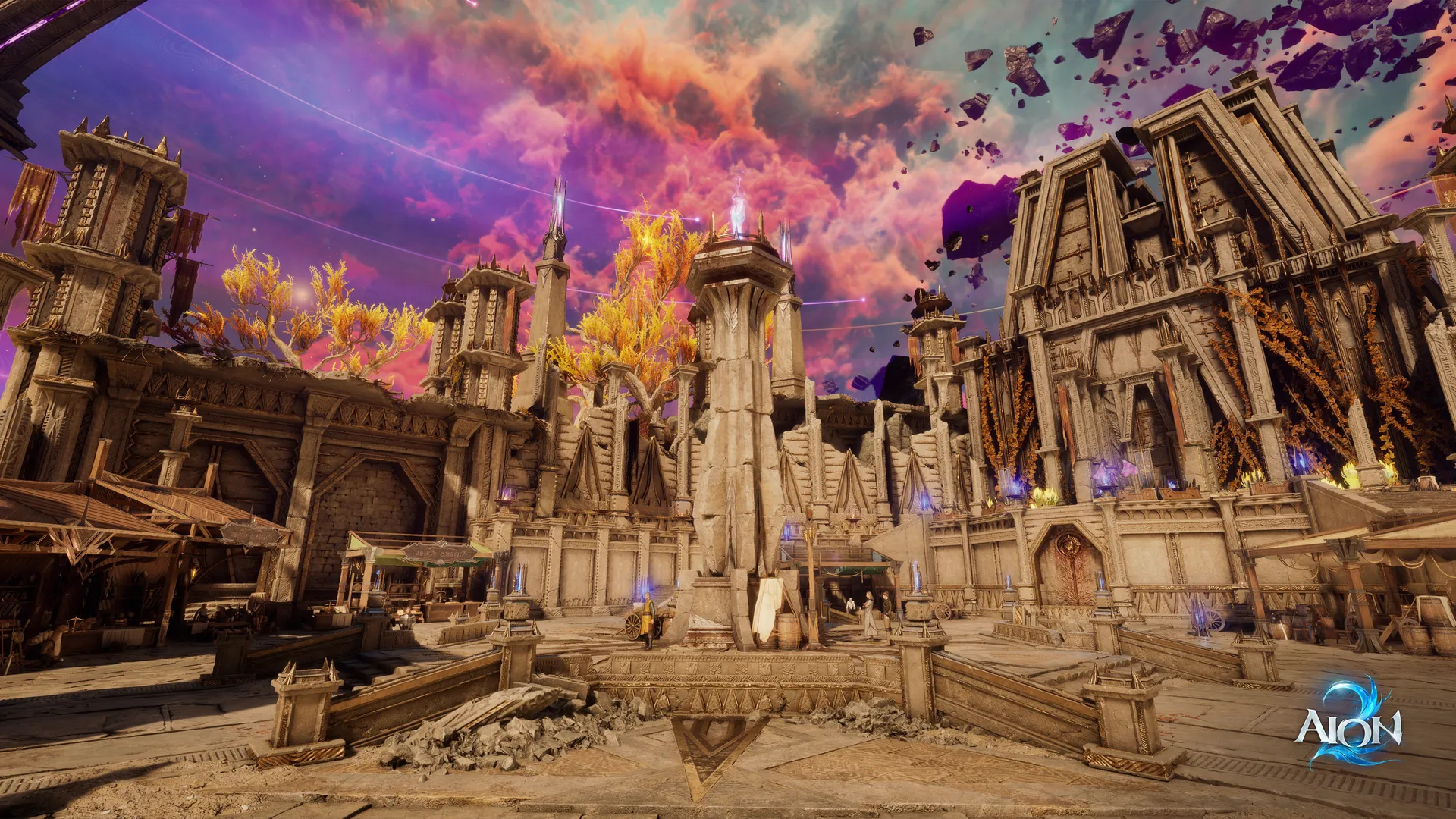 A grande praça de uma cidade de AION 2, com torres de pedra e um céu roxo e laranja