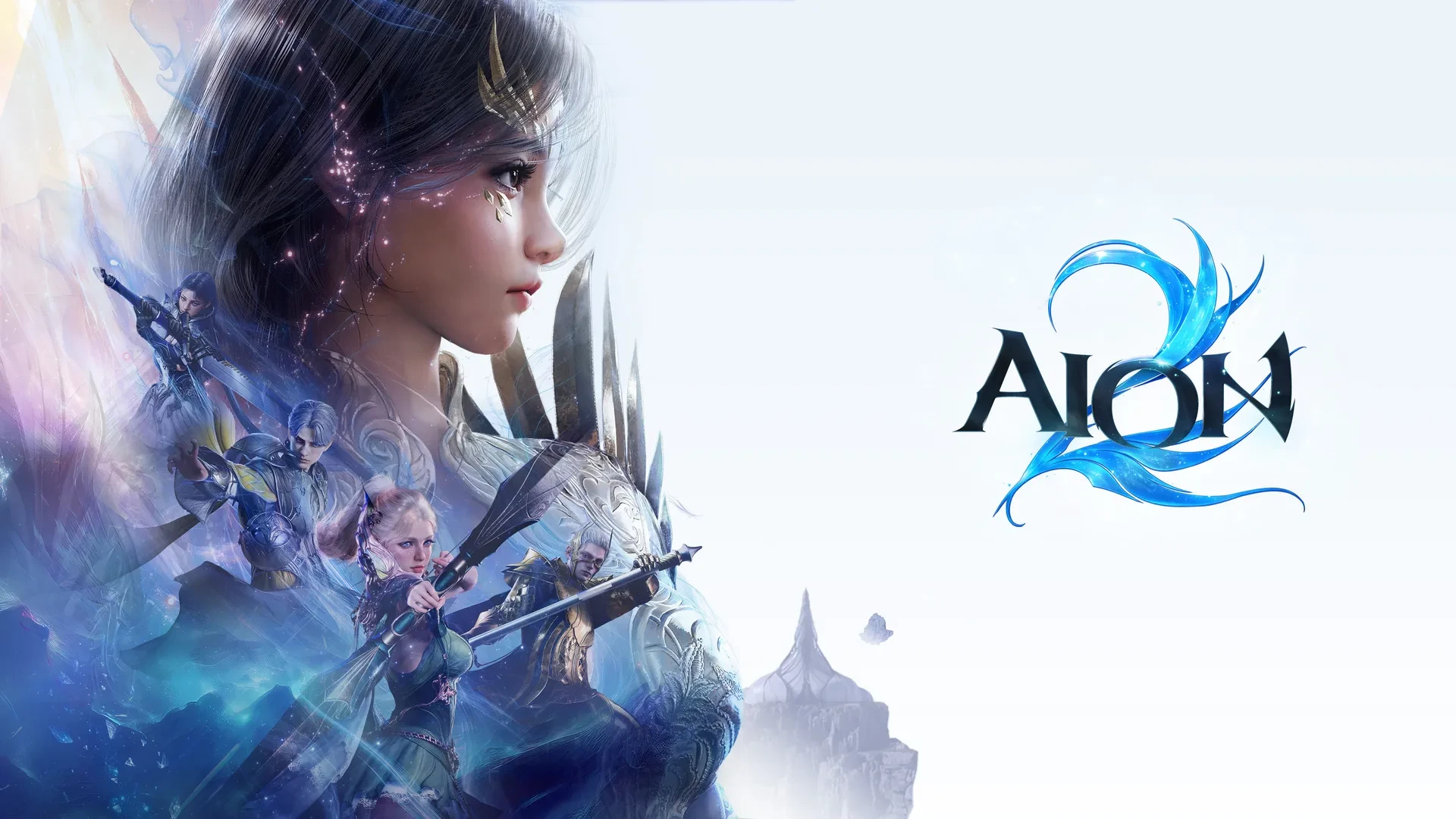 Arte oficial de AION 2 com várias classes, incluindo uma Ranger de arco