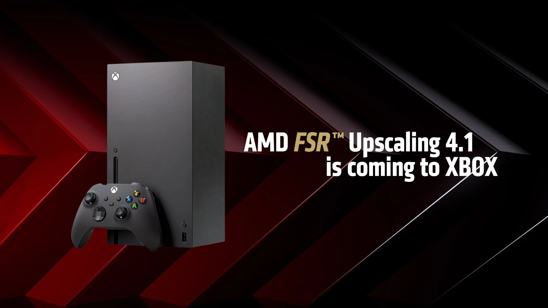 Uma Xbox Series X e um comando, com a indicação de que o FSR 4.1 está a chegar à Xbox