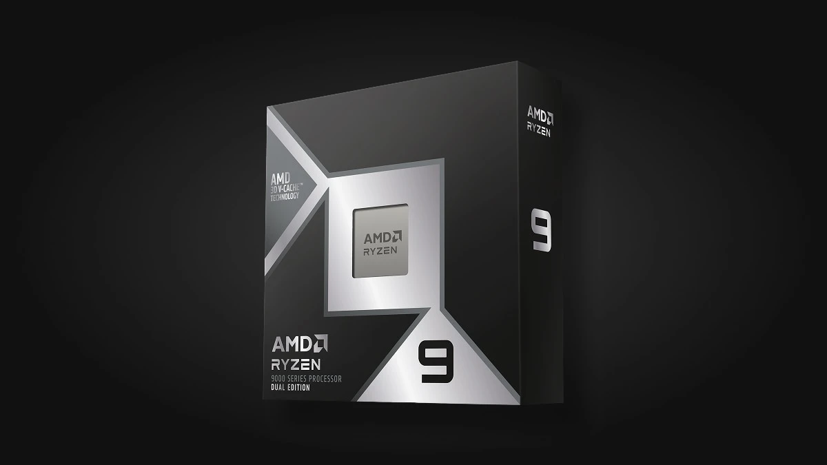 Caixa do Ryzen 9 9950X3D2 Dual Edition sobre fundo escuro, com a indicação AMD 3D V-Cache Technology