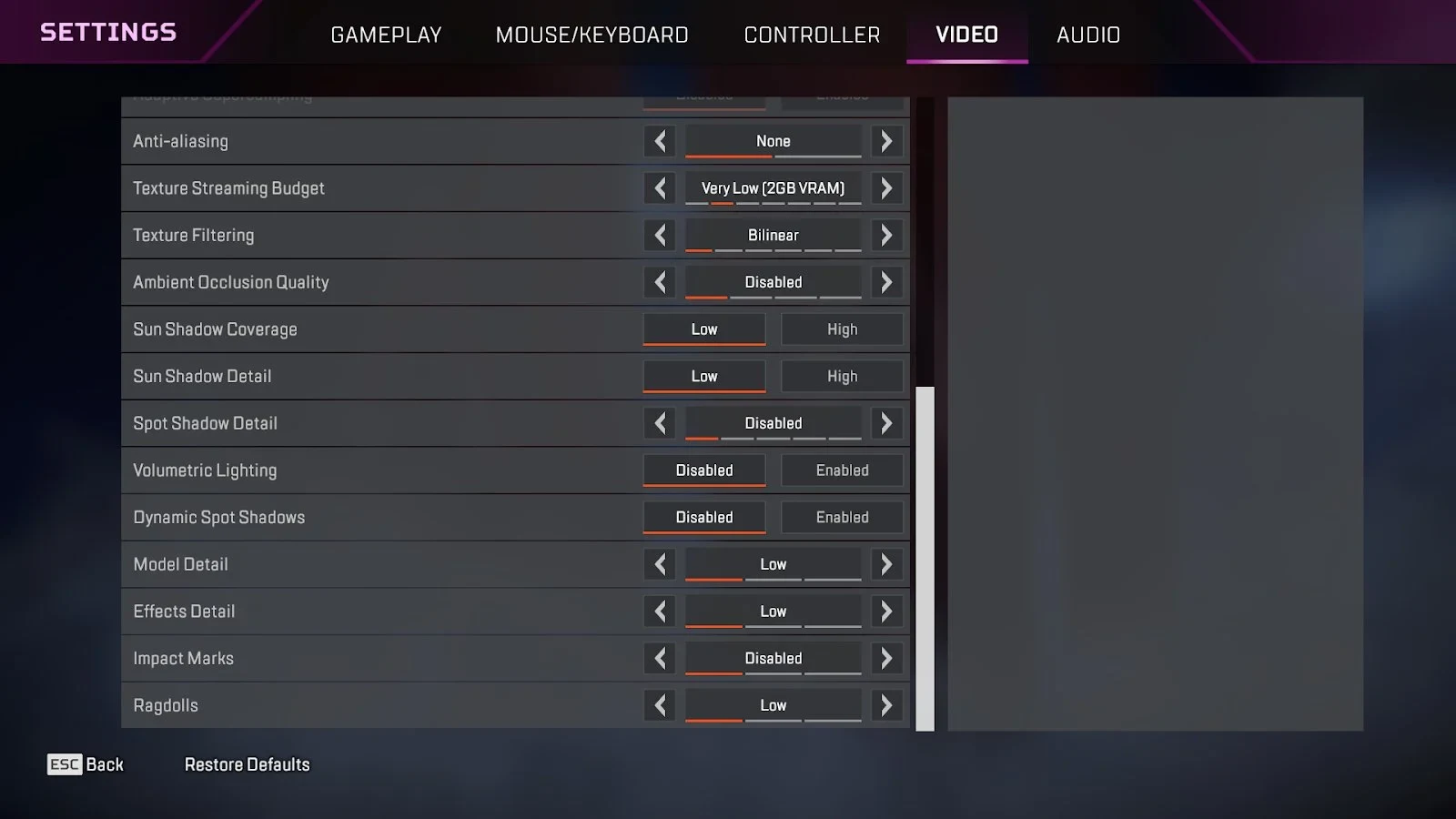 Segunda parte do menu Video do Apex Legends, de Anti-aliasing a Ragdolls