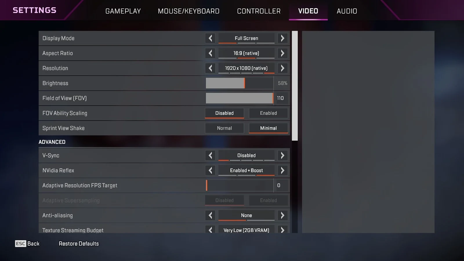 Menu Video do Apex Legends com Display Mode, Field of View, V-Sync, NVIDIA Reflex e Adaptive Resolution FPS Target