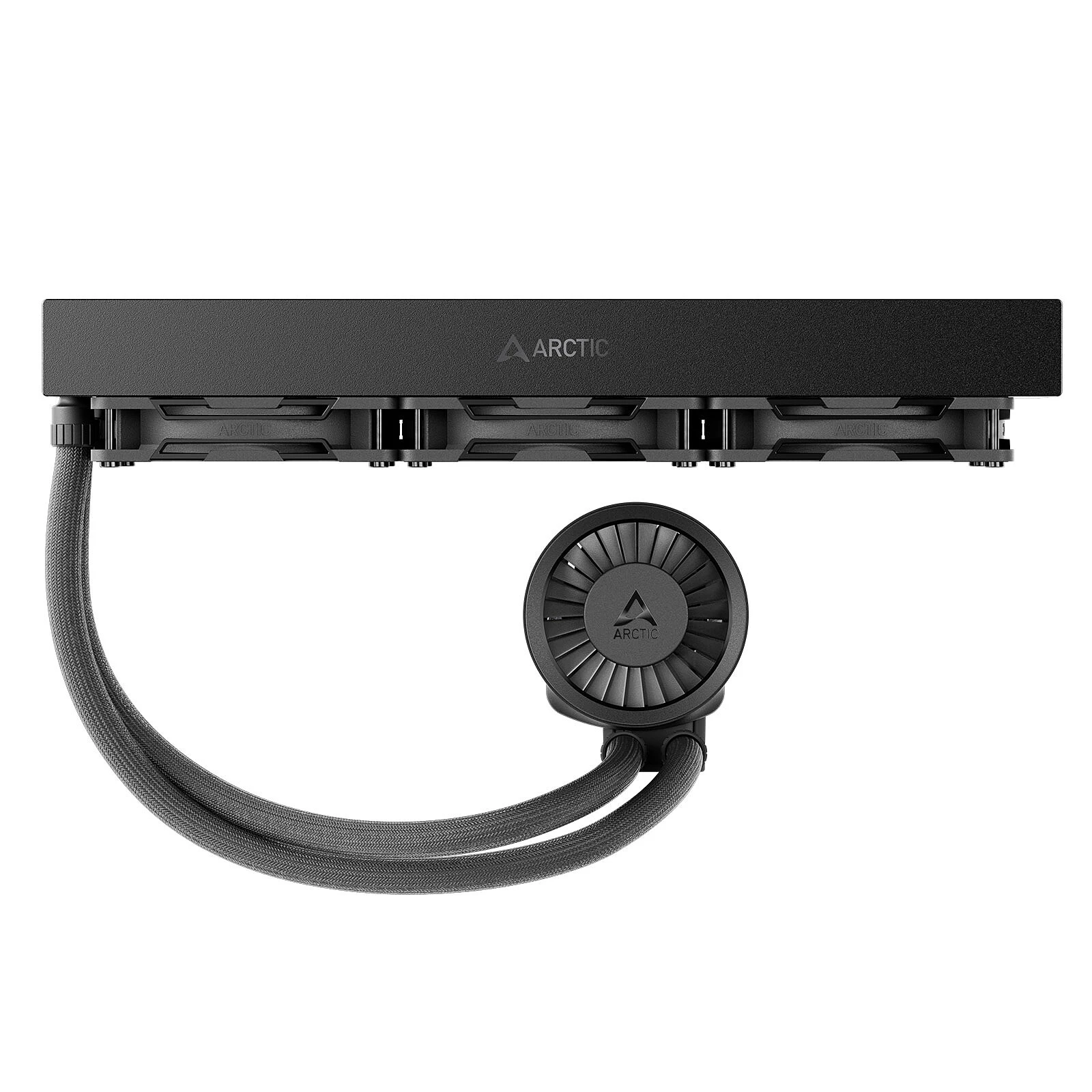 O Liquid Freezer III Pro 360 visto de cima, com o radiador, os tubos e o bloco da bomba