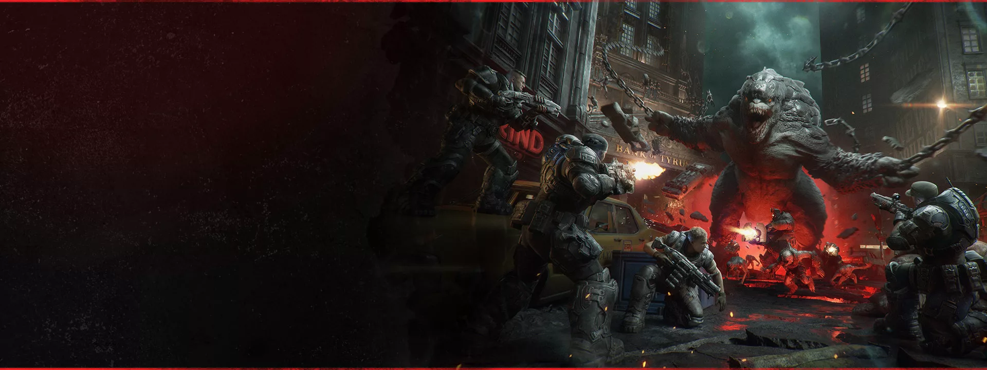 Esquadrão Bravo frente à Horda Locust numa esquina em Gears of War: E-Day