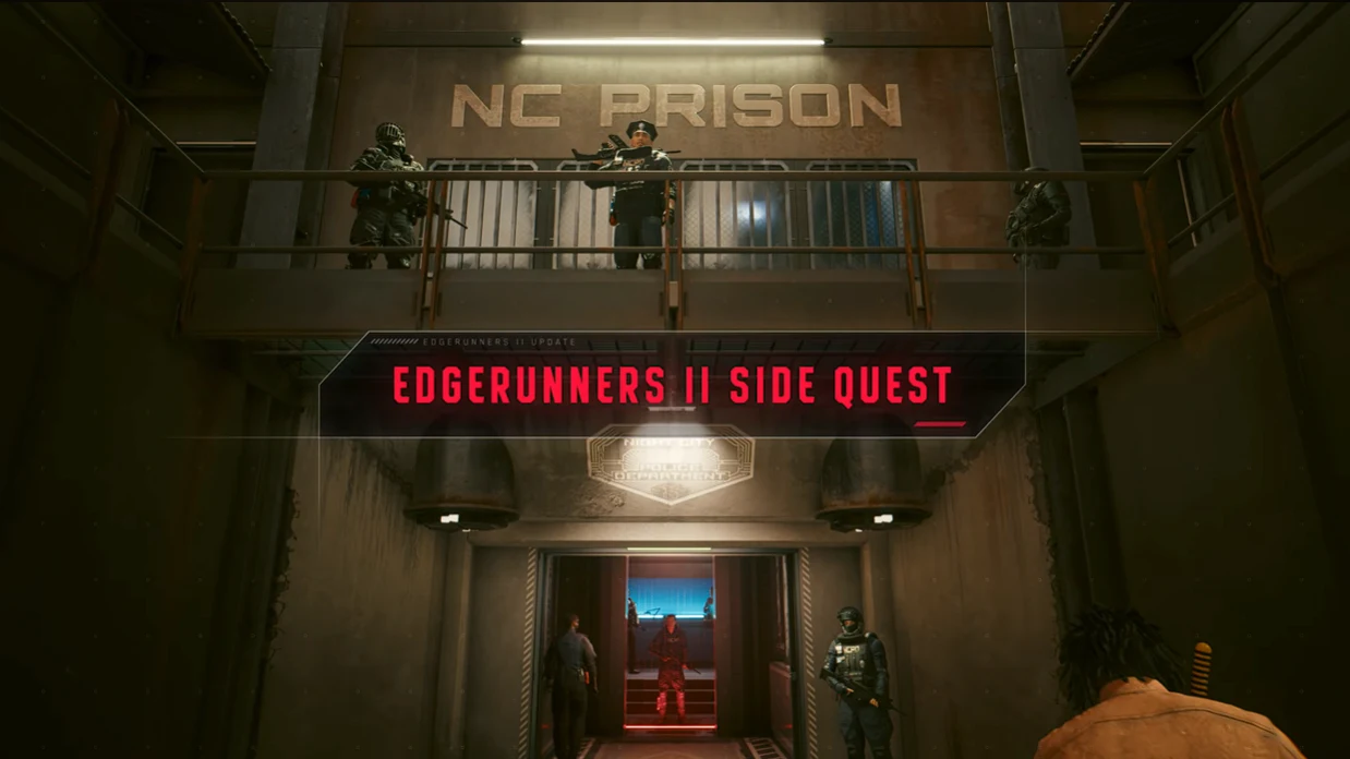 Entrada da prisão NC Prison com guardas, numa missão de Edgerunners II