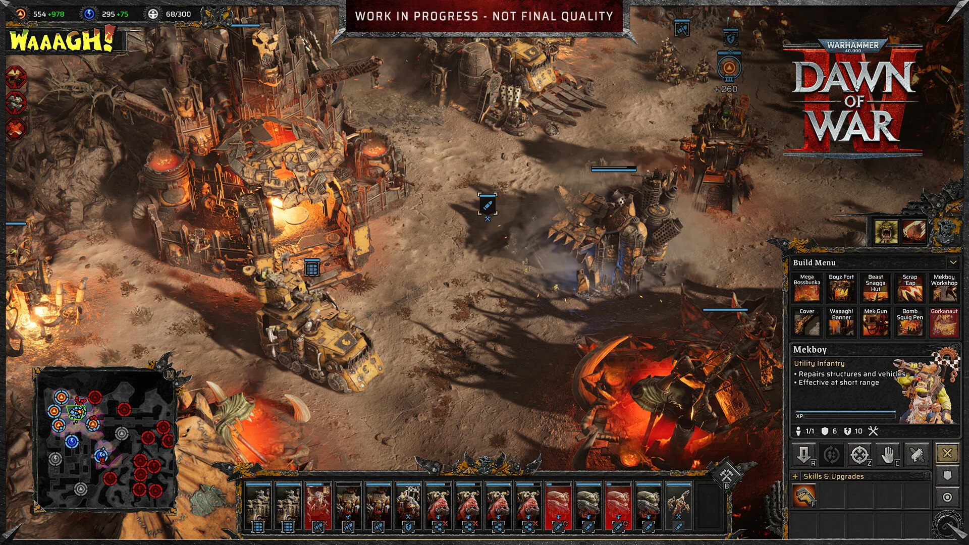 Base dos Orks em Dawn of War IV, com a barra de Waaagh no canto e o menu de construção