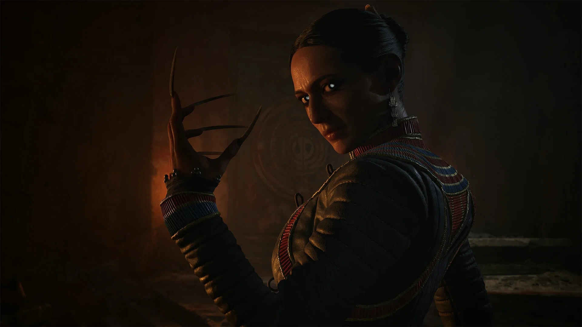 Coen, o protagonista de The Blood of Dawnwalker, com garras de vampiro numa sala escura