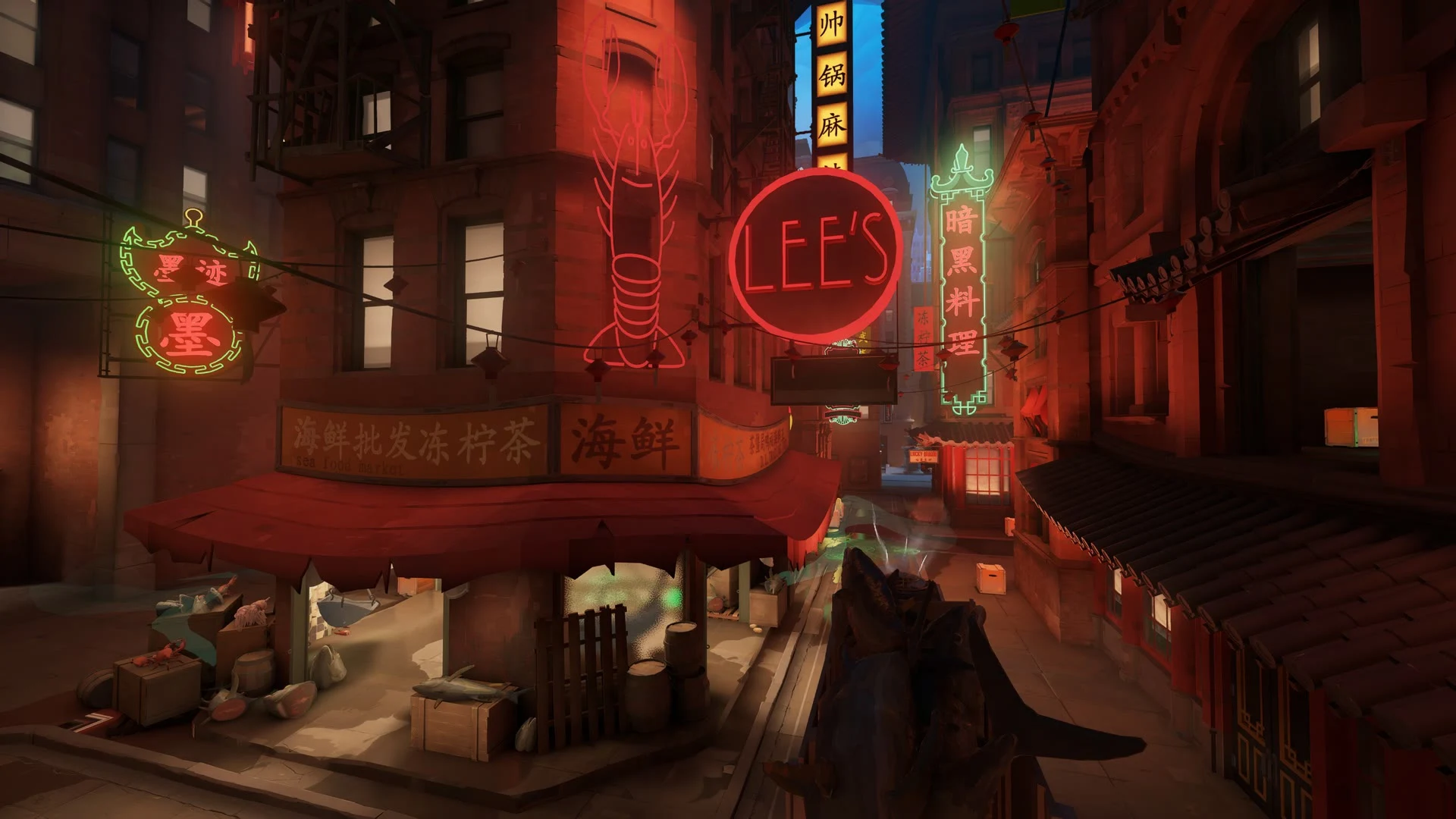 Rua de Chinatown em Deadlock, à noite, iluminada pelos letreiros vermelhos
