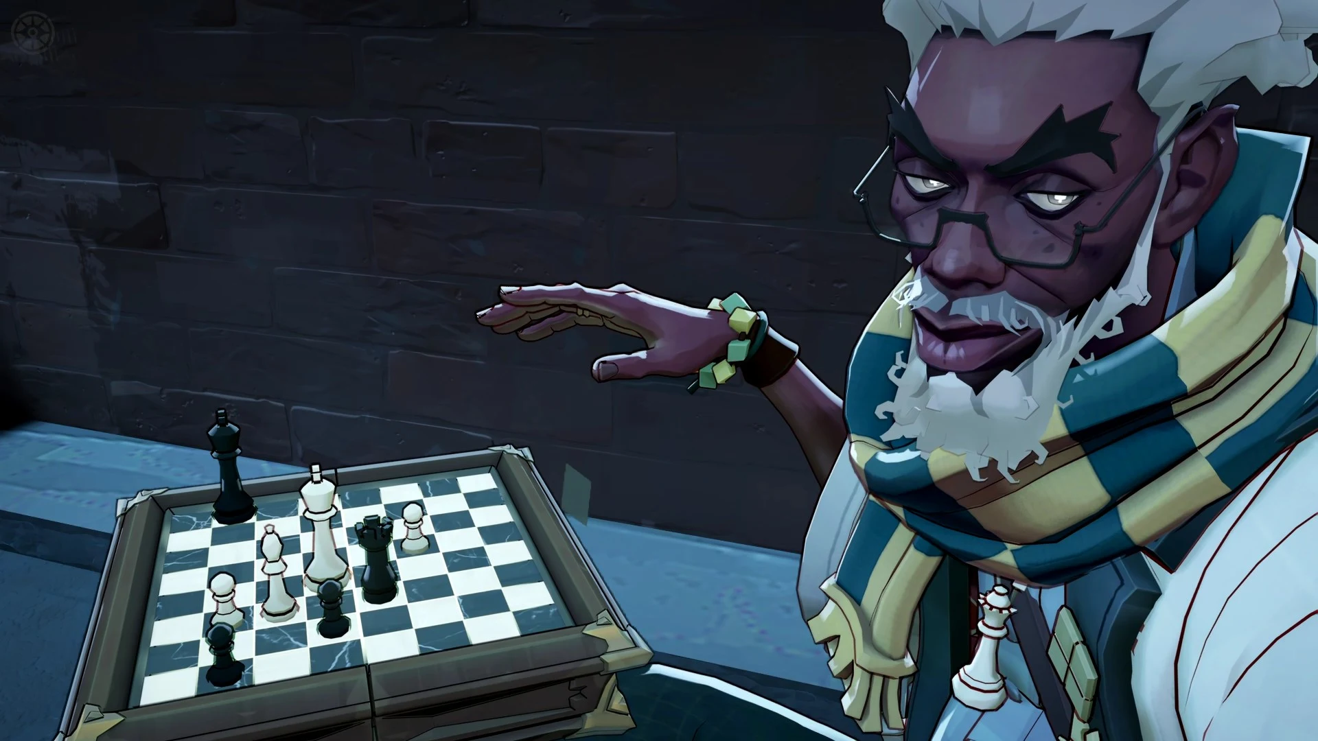 Solomon, herói de Deadlock, ao lado de um tabuleiro de xadrez