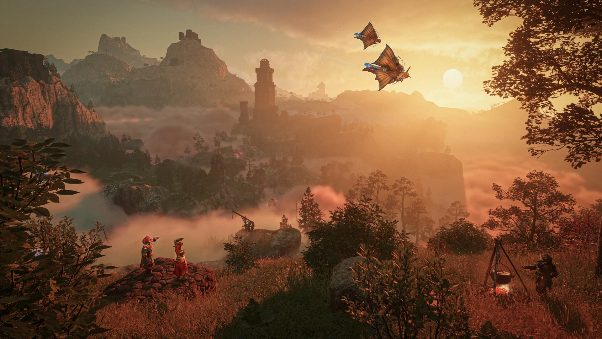 Duas personagens a planar ao pôr do sol sobre um vale com ruínas e uma torre ao fundo
