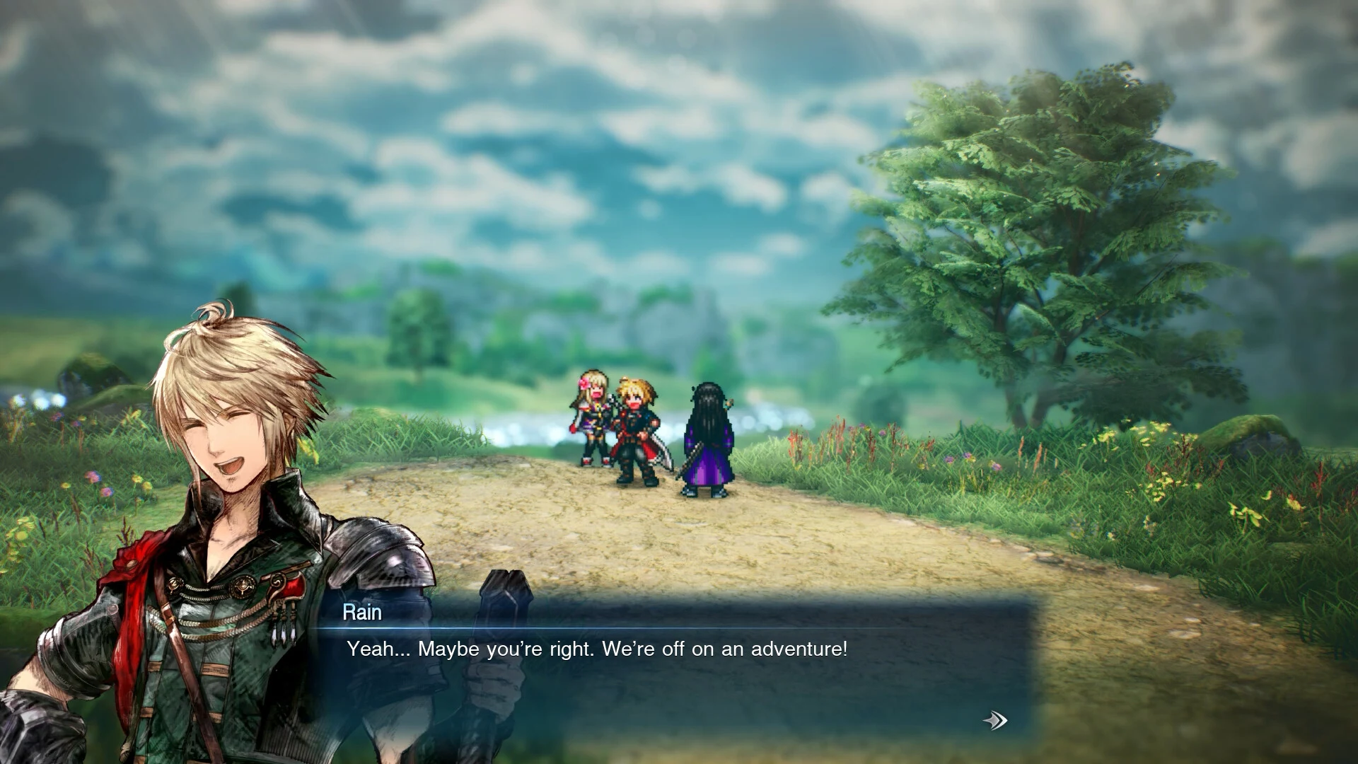 Rain, o protagonista de Final Fantasy Resonance, com a equipa num caminho de terra