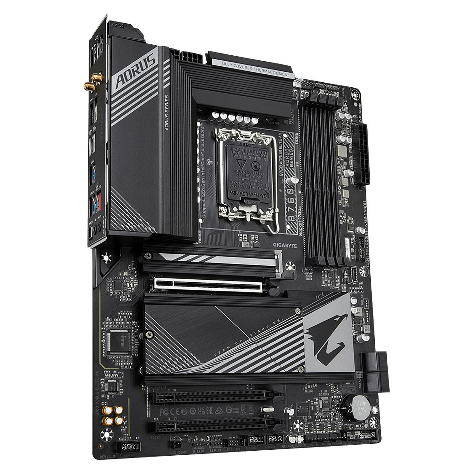 Motherboard Gigabyte B760 AORUS ELITE AX com o socket LGA1700 e as quatro ranhuras de memória