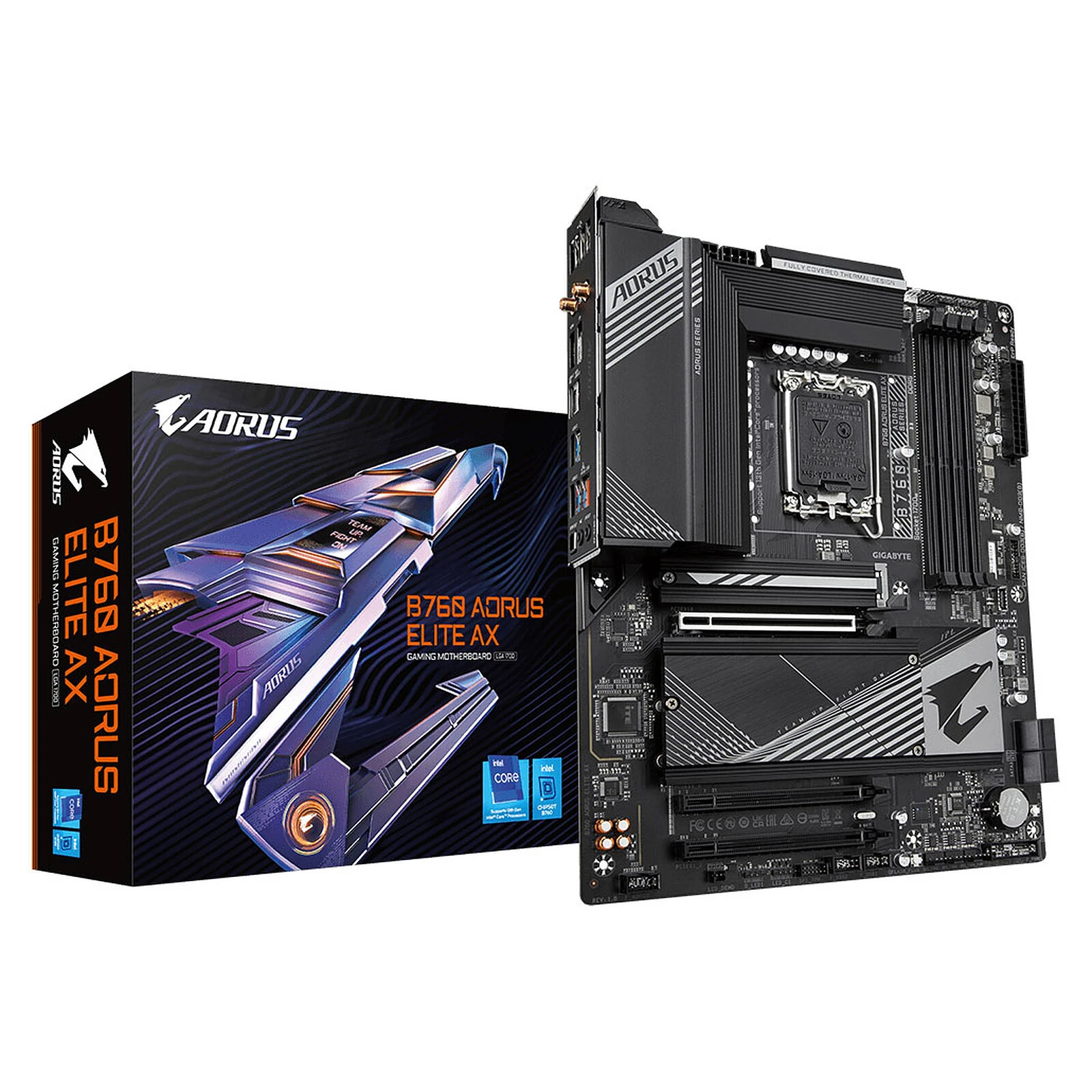 Motherboard Gigabyte B760 AORUS ELITE AX ao lado da caixa