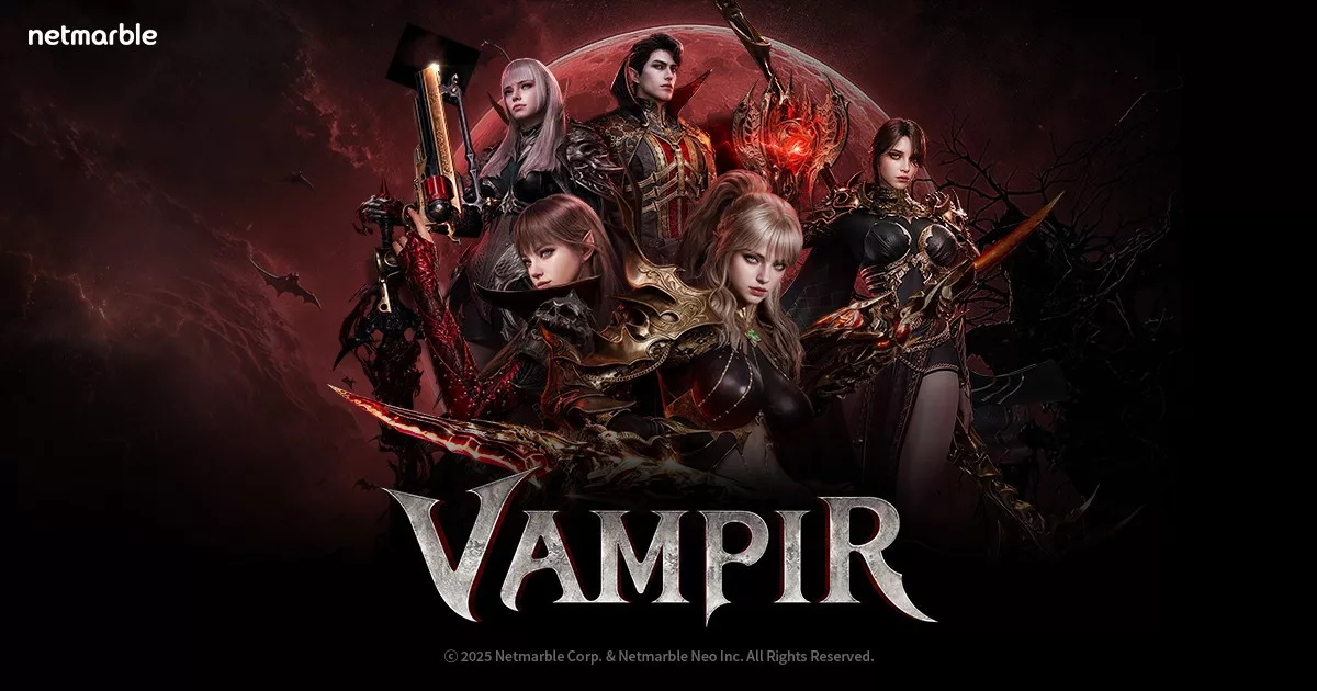 Arte oficial de Vampir com as personagens do jogo à frente de uma lua vermelha