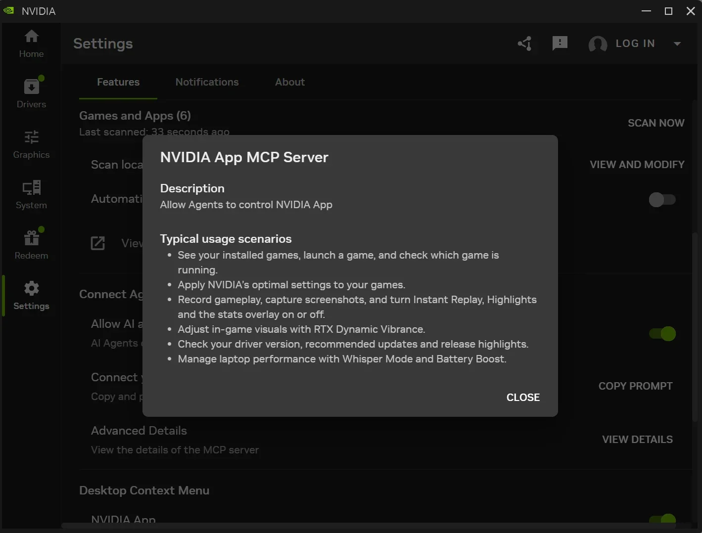 Janela da NVIDIA App com a descrição do servidor MCP e o que os agentes de IA podem fazer
