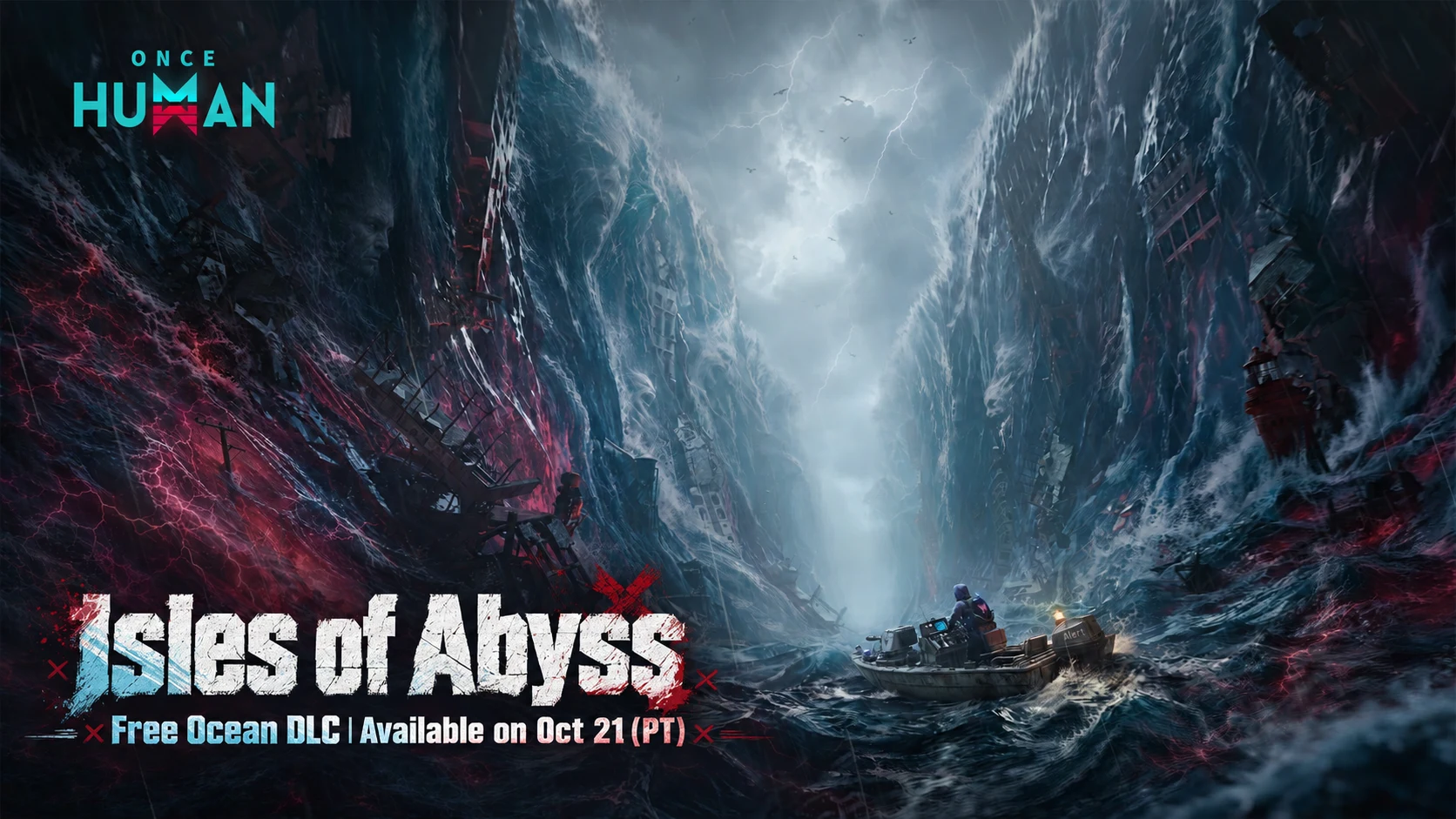 Arte oficial de Isles of Abyss, com um barco no meio de um mar revolto entre falésias