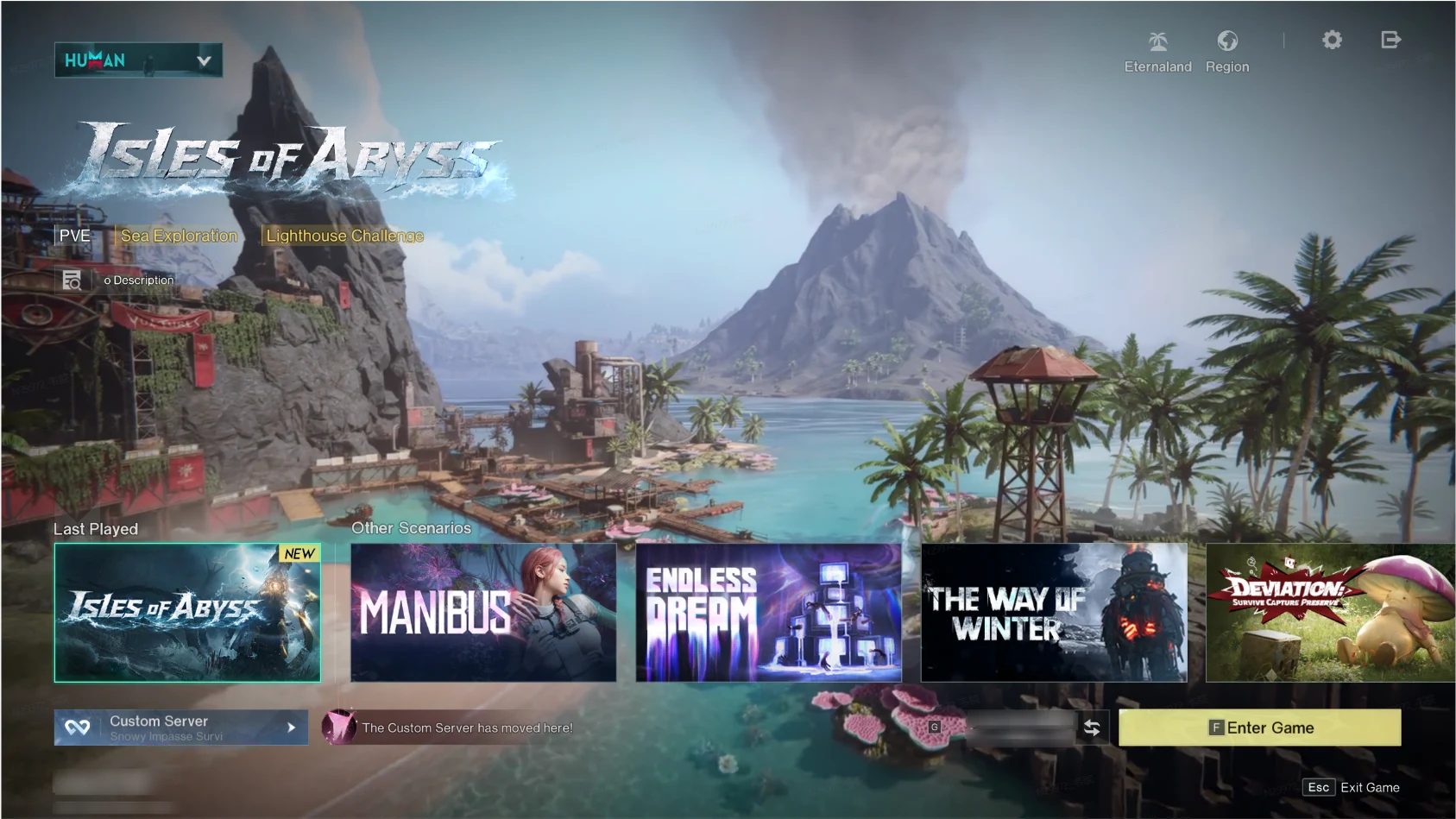Ecrã de escolha de cenário de Once Human com Isles of Abyss selecionado