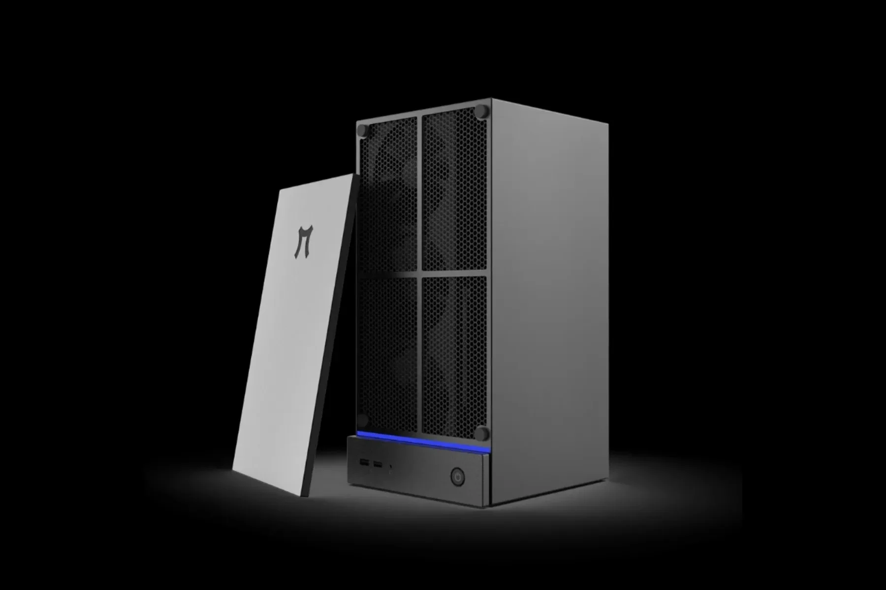 O mini-PC Pimax Spation, uma caixa vertical preta com uma barra de luz azul