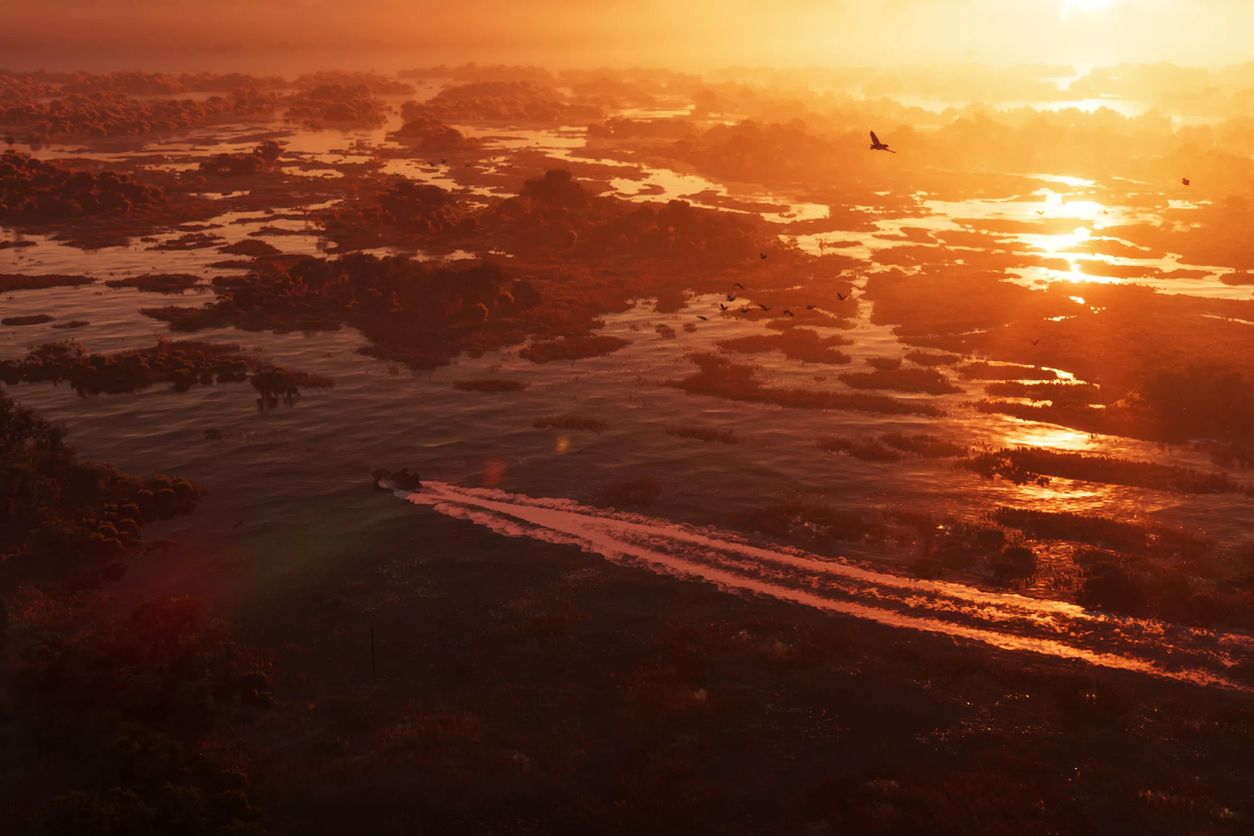 Os pântanos de Grassrivers em GTA 6 ao pôr do sol, com um barco a cruzar a água