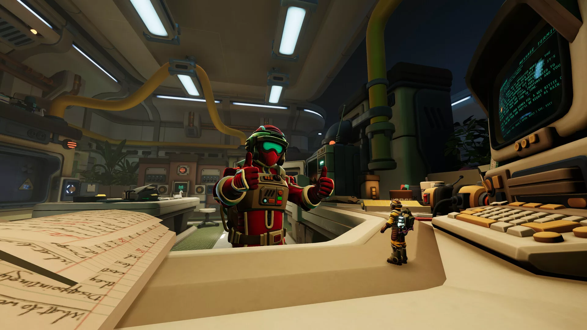 Uma sala de controlo retro-futurista com dois jogadores de fato de astronauta