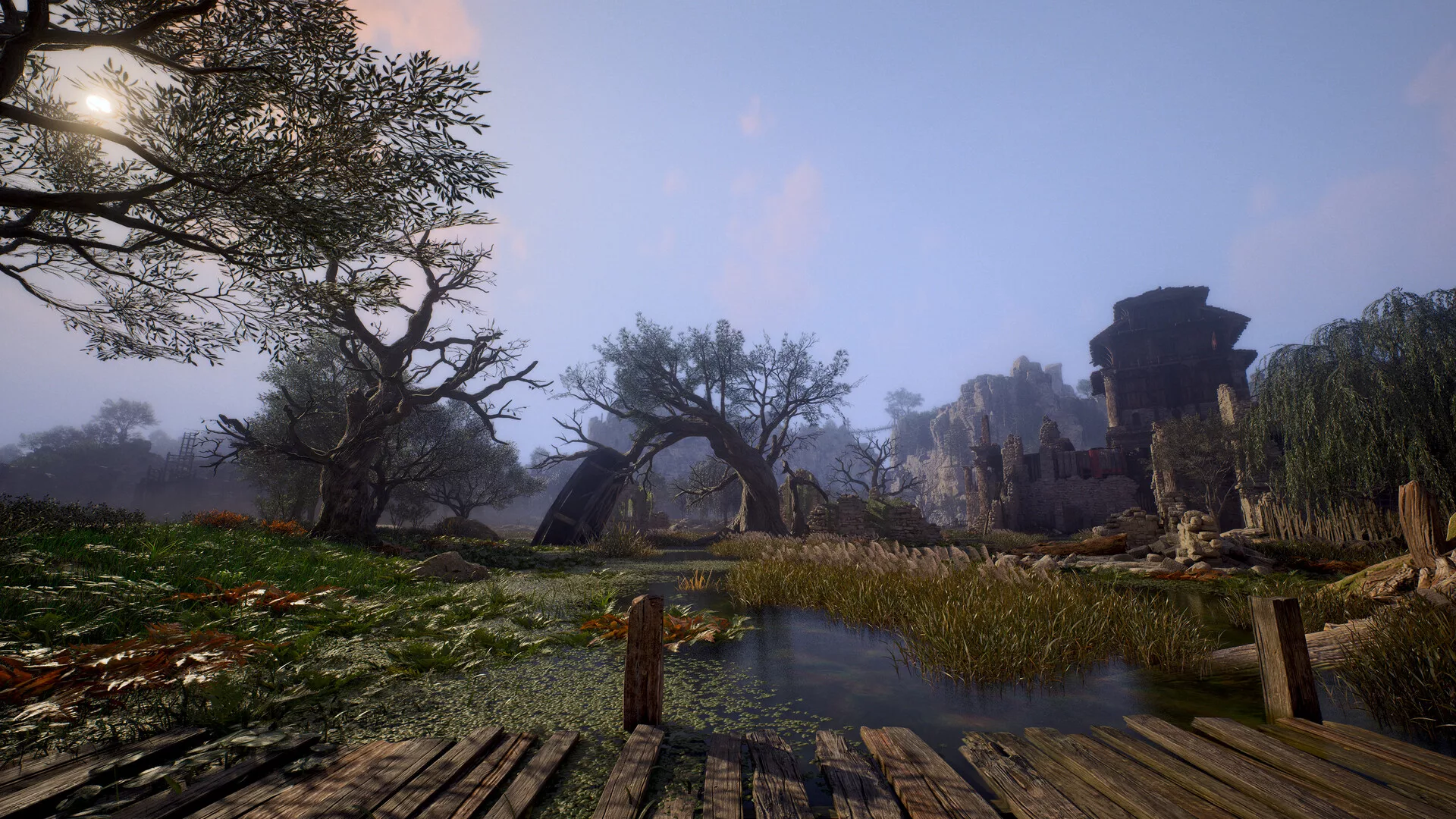Pântano com árvores e ruínas ao fundo no mundo aberto de ArcheAge Chronicles