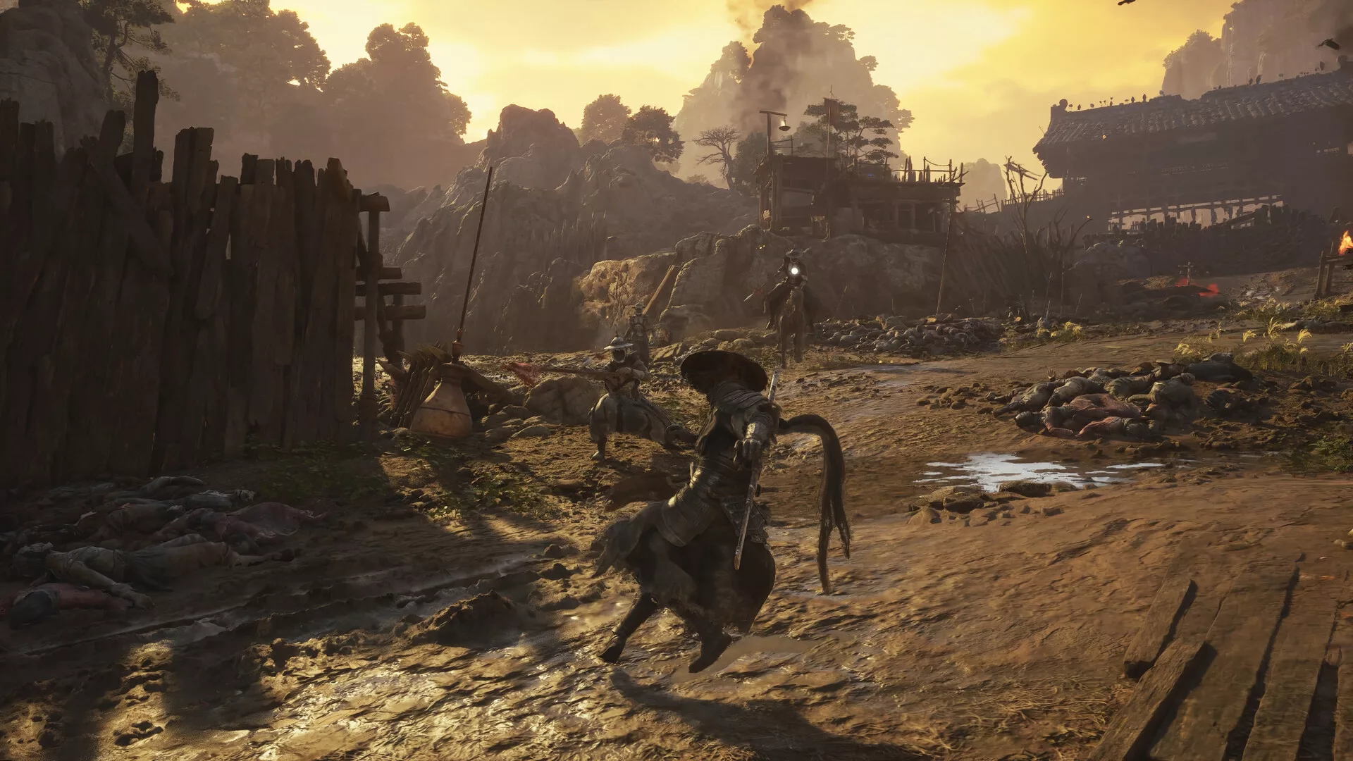 Soul, de chapéu, corre por uma aldeia de madeira ao pôr do sol em Phantom Blade Zero