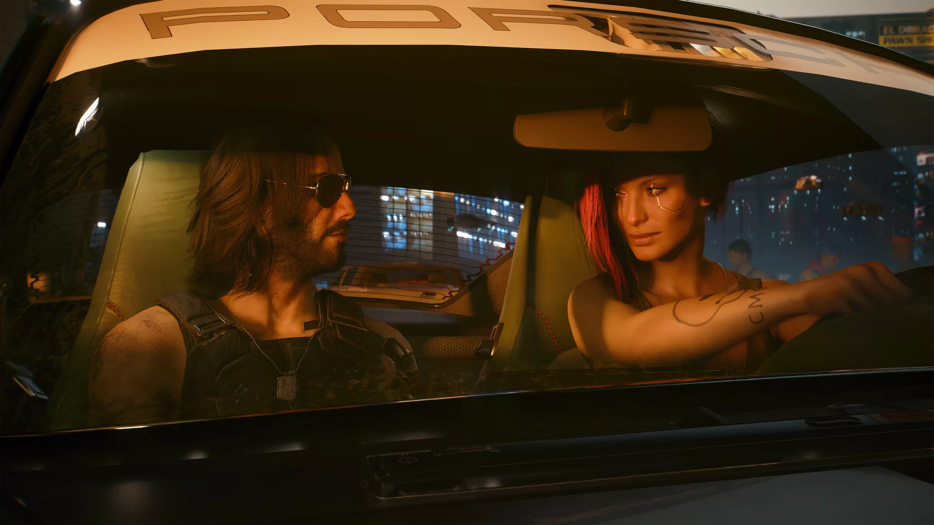 Personagens de Cyberpunk 2077 a atravessar Night City de carro