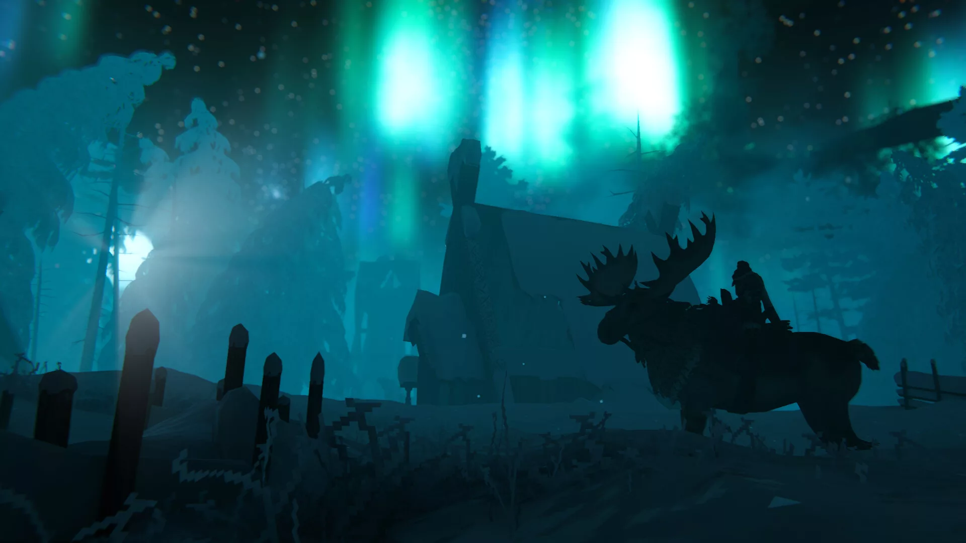 Um viking montado num alce, à noite, debaixo de uma aurora boreal verde em Valheim