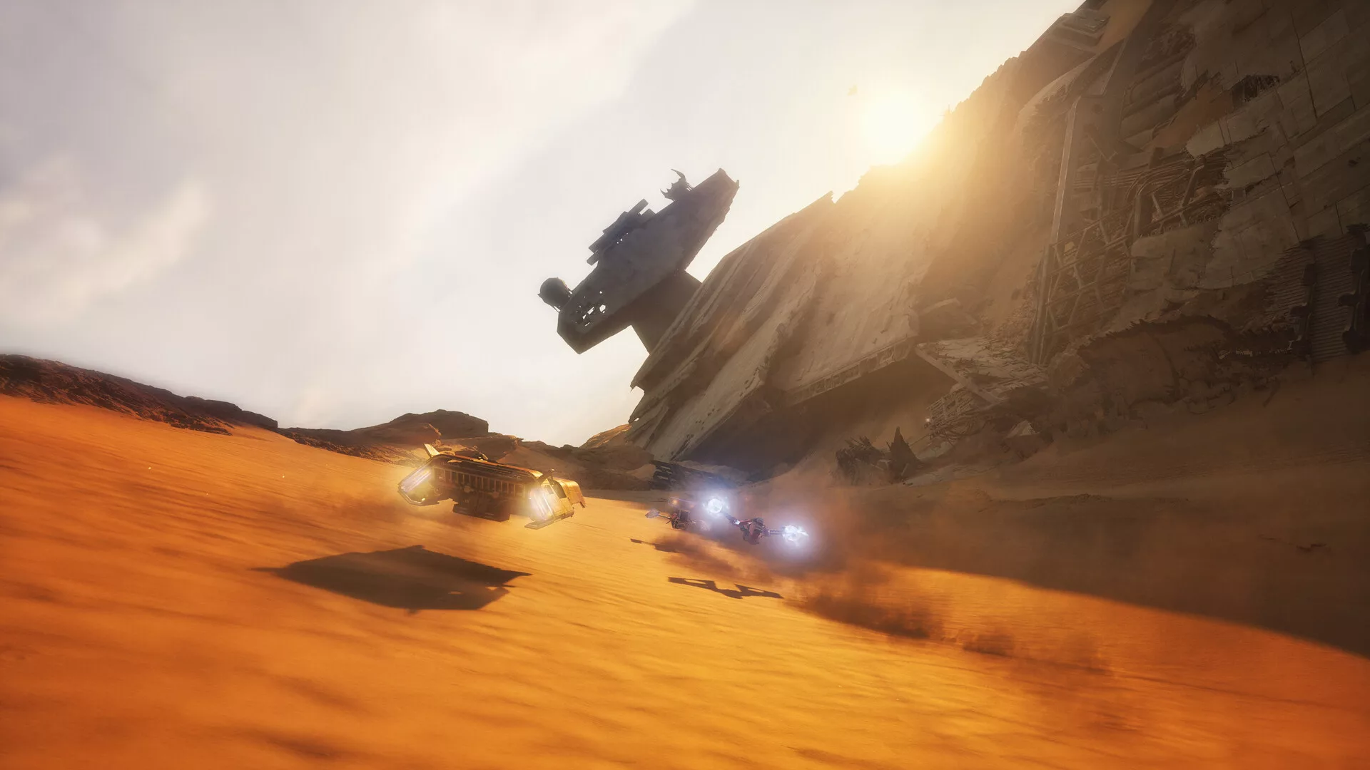 Corrida de landspeeders no deserto, junto aos destroços de uma nave