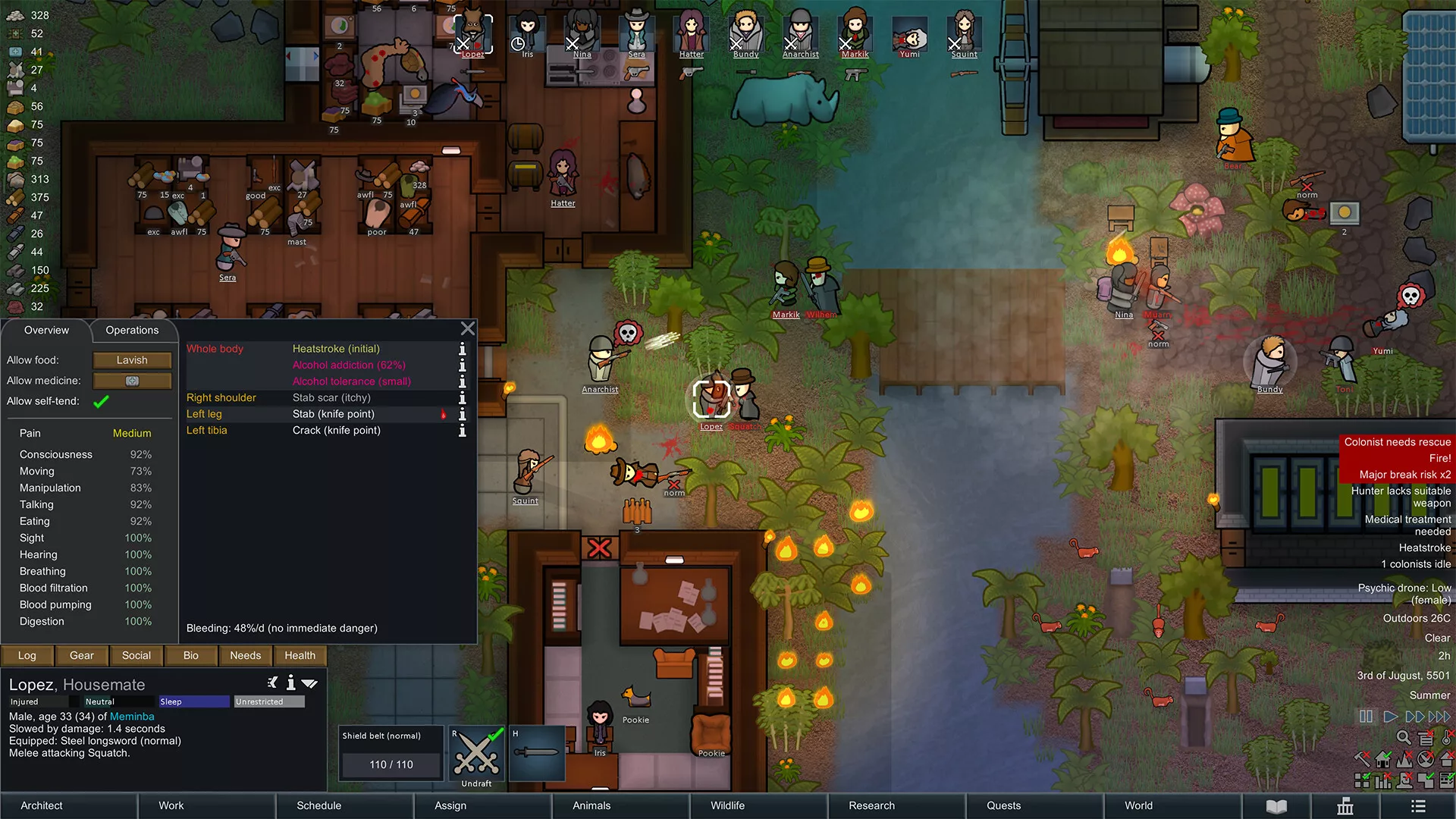 Uma colónia grande de RimWorld cheia de colonos, com a janela de saúde de um deles aberta