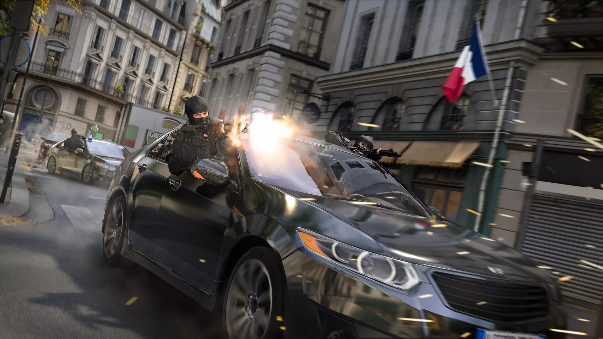 Perseguição de carros com tiros e explosões numa avenida europeia em Modern Warfare 4