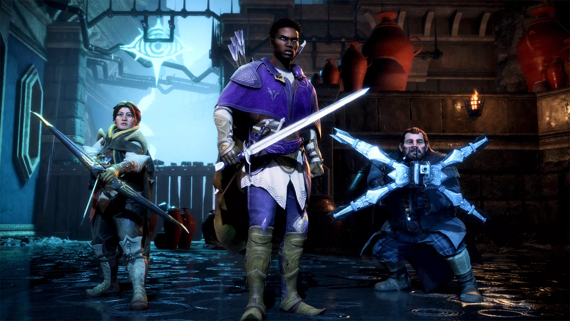 Grupo de heróis de Dragon Age: The Veilguard numa rua de Minrathous