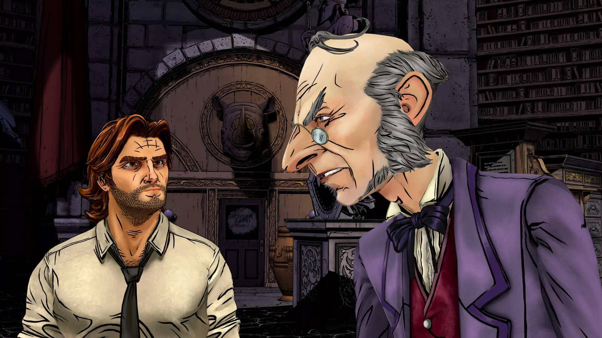 Bigby Wolf frente a frente com Ichabod Crane num escritório em The Wolf Among Us Remastered