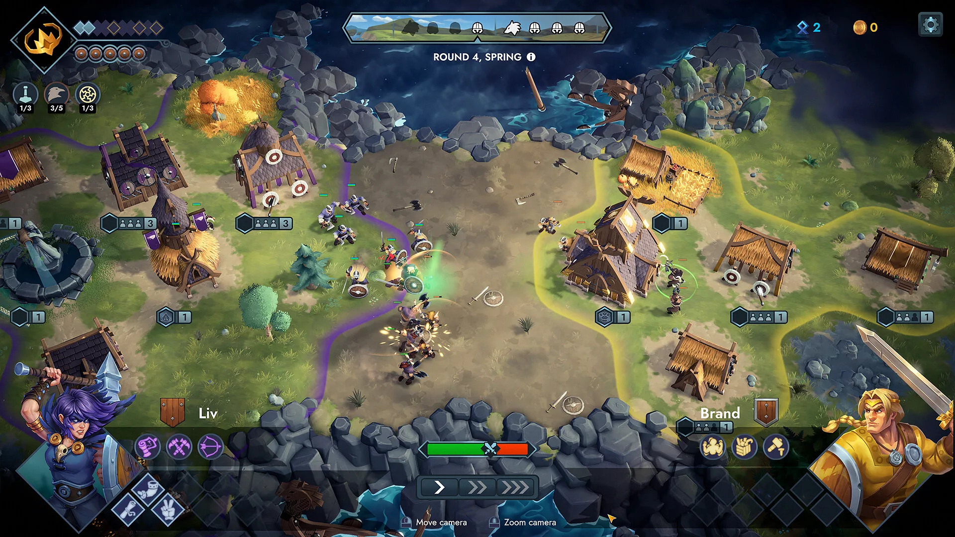 Duas aldeias vikings num mapa de hexágonos, com os exércitos a lutar ao centro, em Northgard Battlegrounds