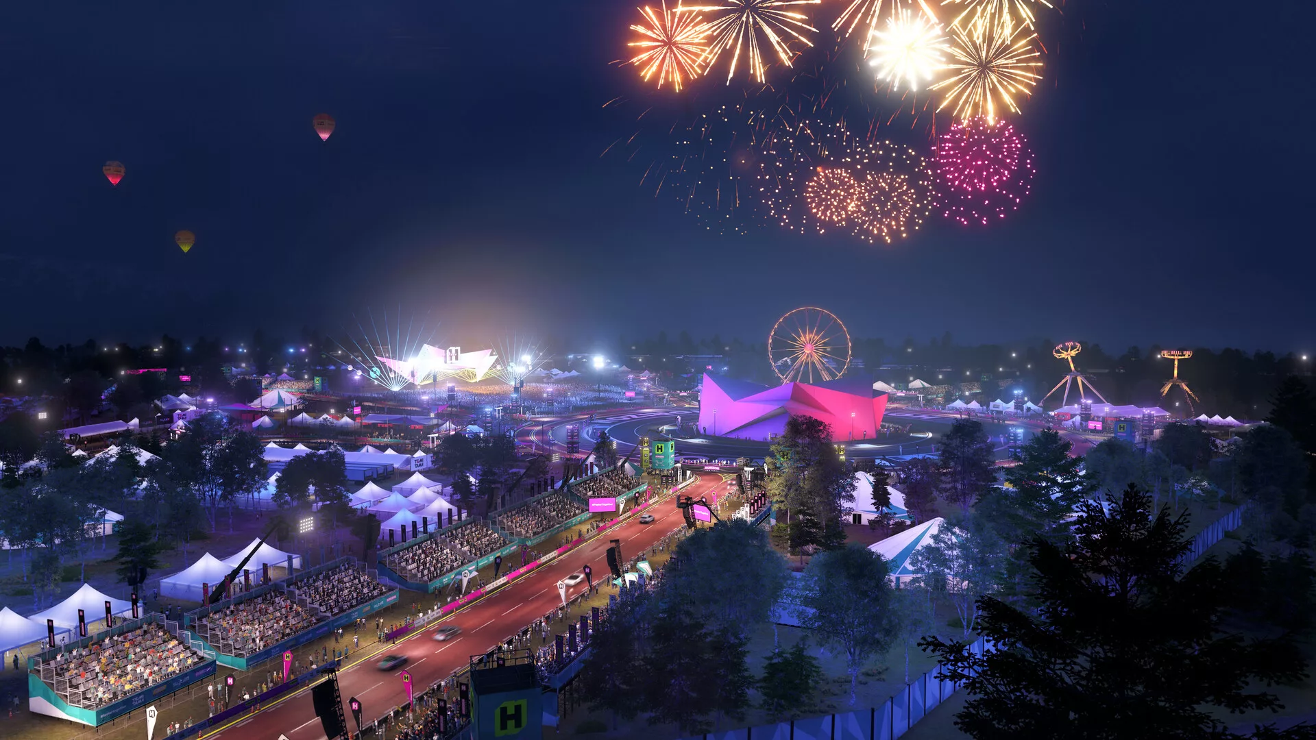 Festival Horizon à noite com fogo de artifício em Forza Horizon 6