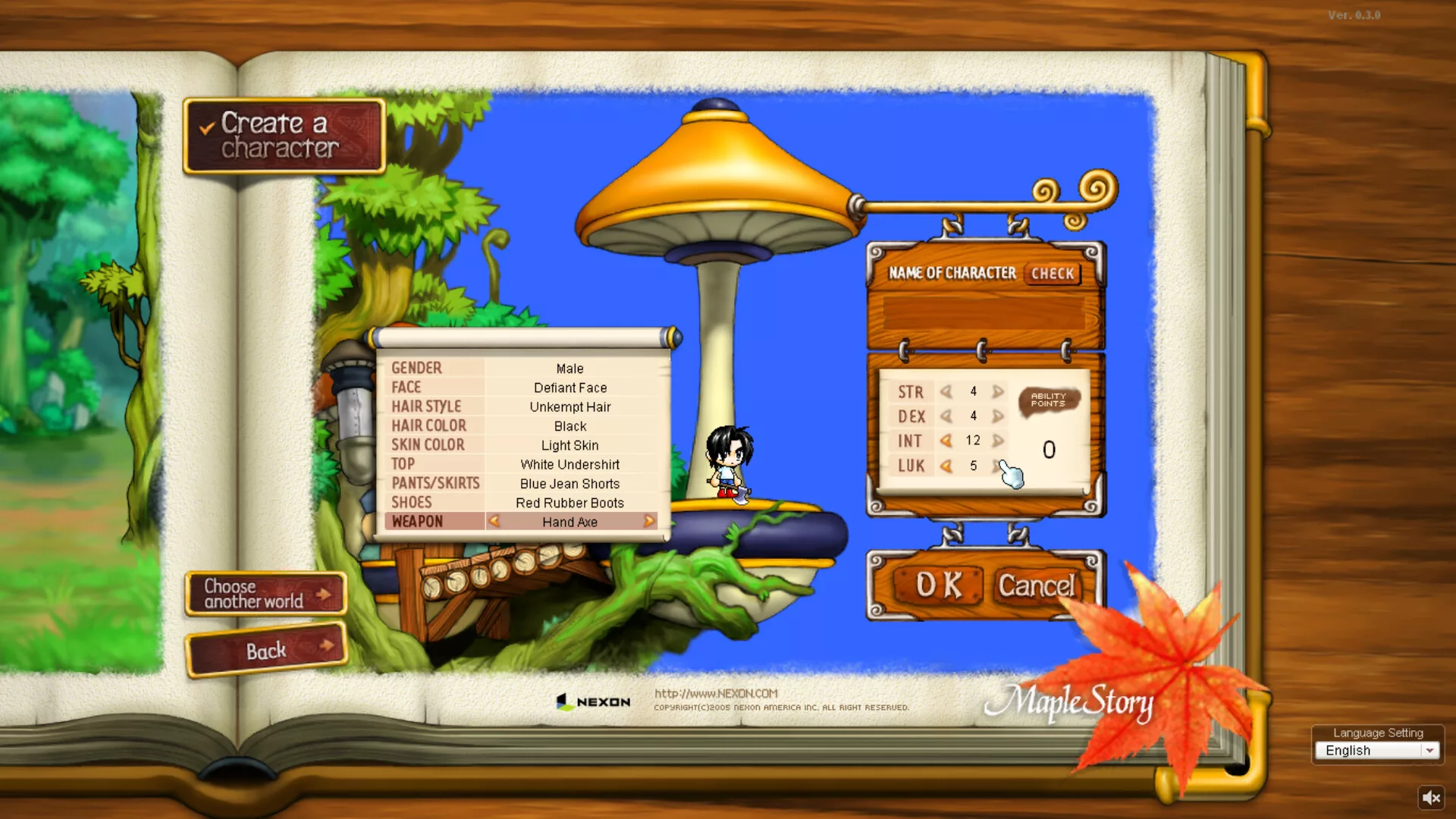 O ecrã de criação de personagem do MapleStory Classic World, com o livro e o cogumelo clássicos
