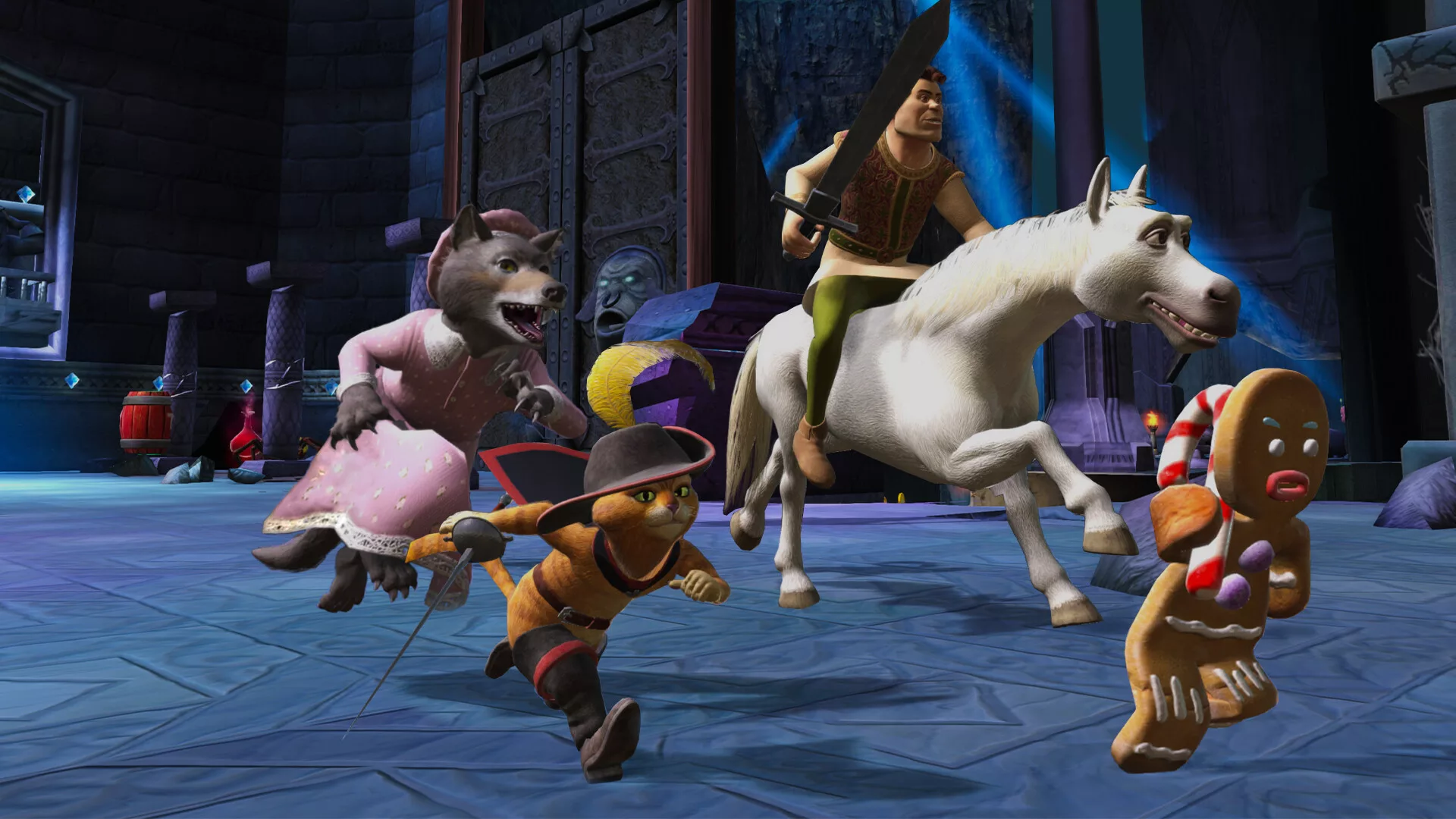 O Gato das Botas e outras personagens do filme a correr juntos em Shrek 2 Remastered