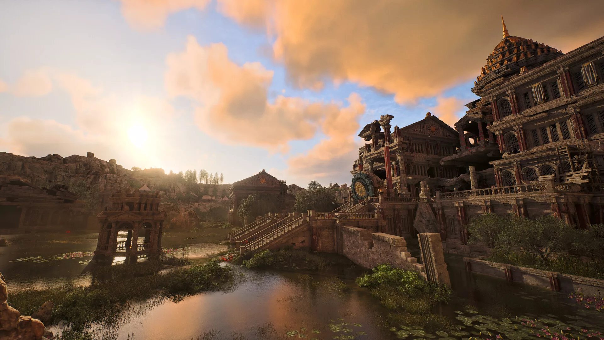 Edifícios e ruínas de ArcheAge Chronicles junto à água, ao pôr do sol