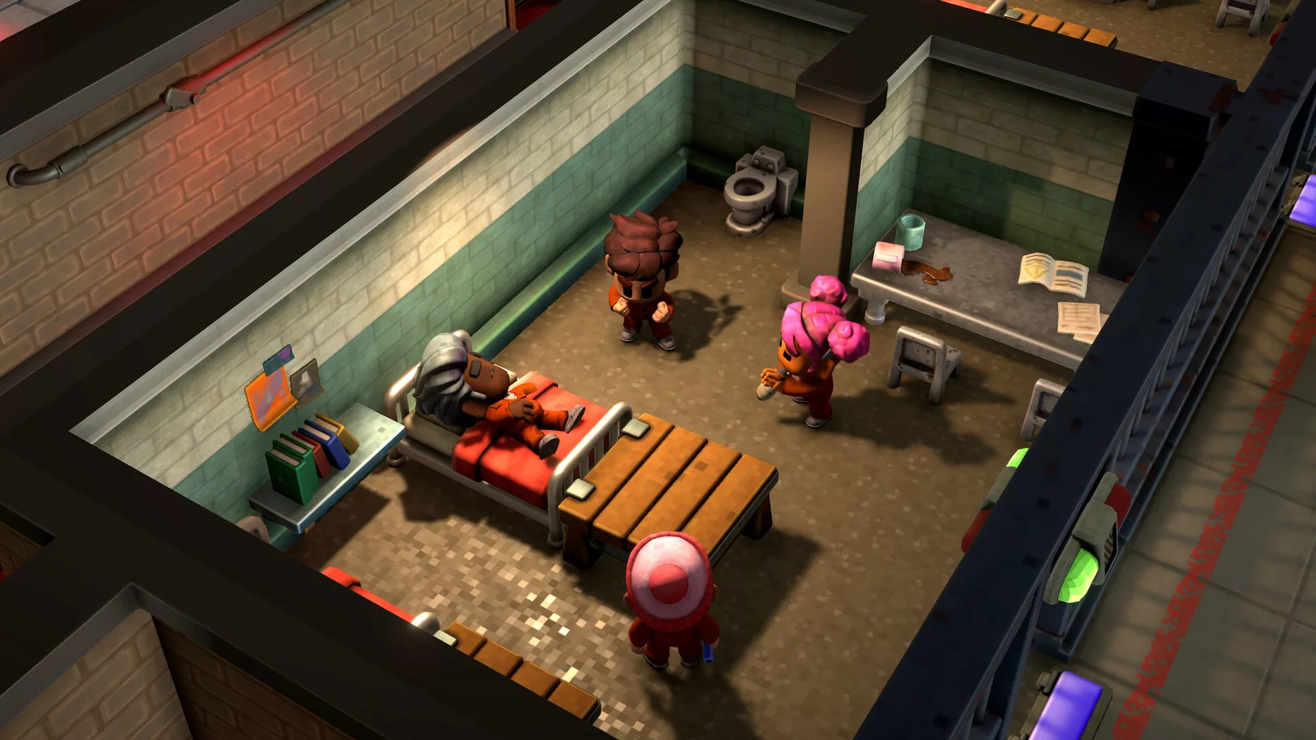 Prisioneiro na cela com cama, secretária e objetos em The Escapists 3