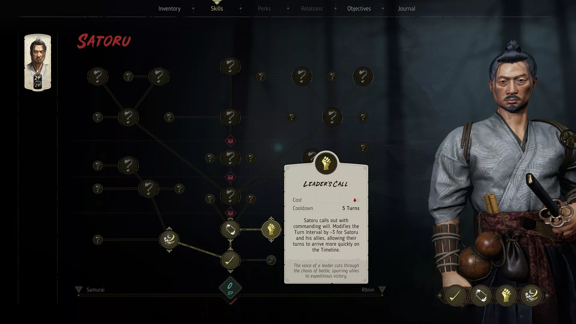 Árvore de habilidades de uma personagem em Shadow of the Road