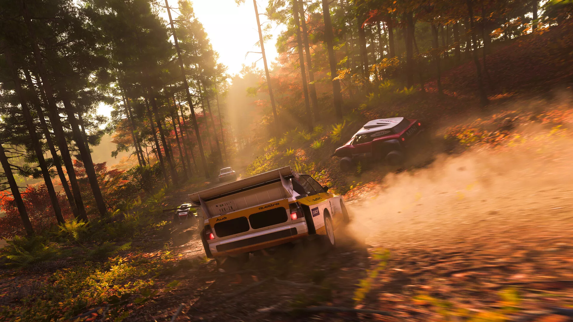 Dois carros a correr numa estrada de terra no meio de uma floresta em Forza Horizon 6
