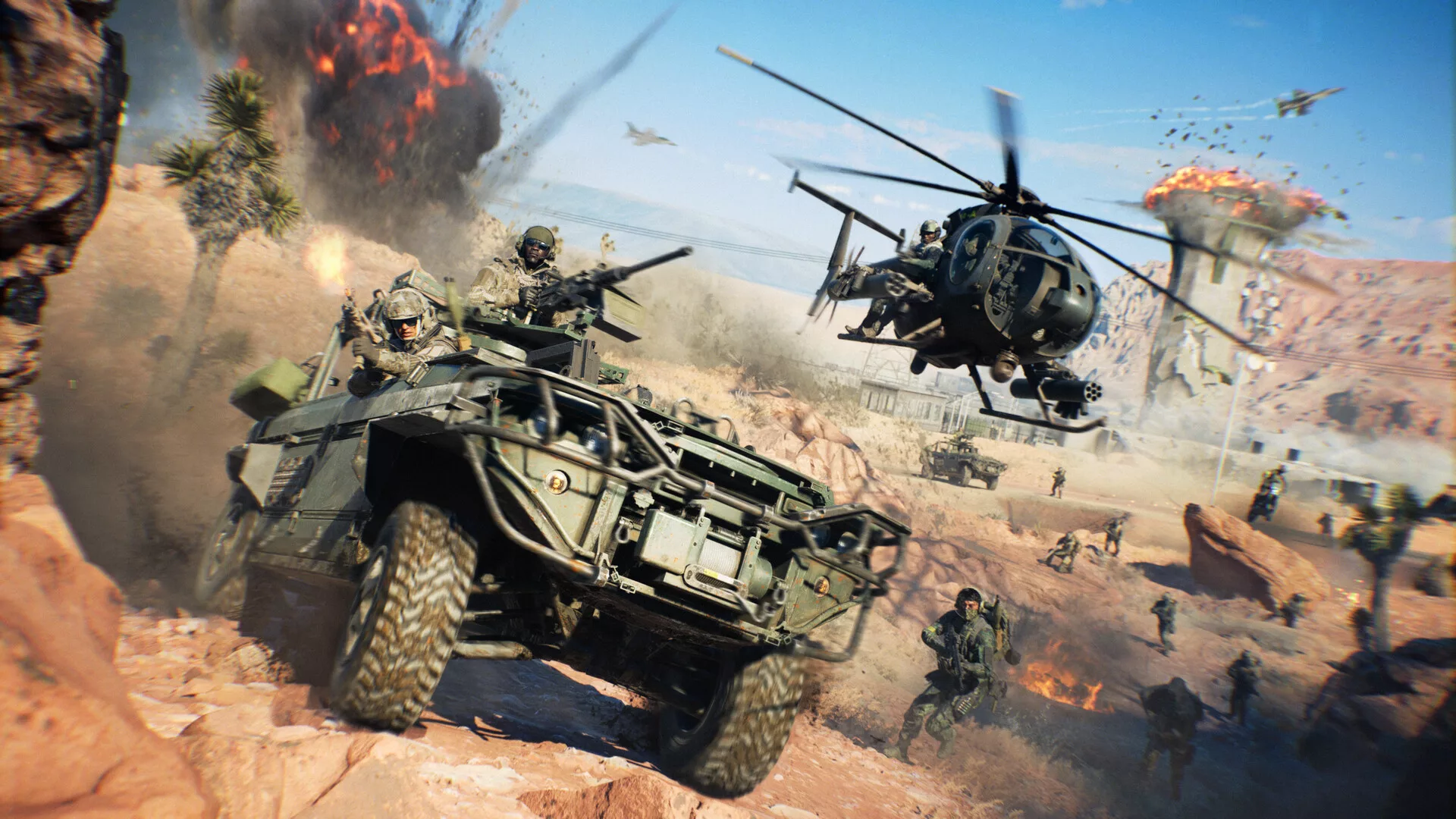 Um veículo blindado e um helicóptero de Battlefield 6 a avançar no deserto, com explosões ao fundo