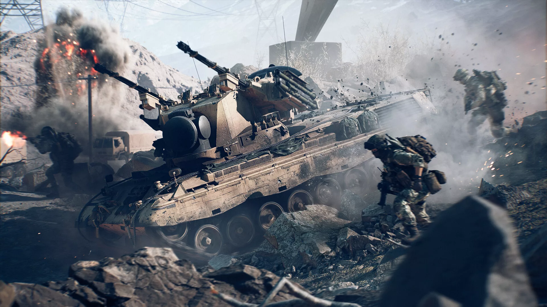 Um tanque de Battlefield 6 a avançar entre explosões numa encosta, com soldados ao lado