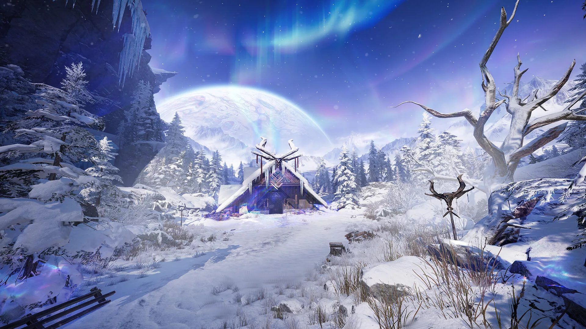 Cenário com neve, árvores e uma casa de madeira em Arknights: Endfield