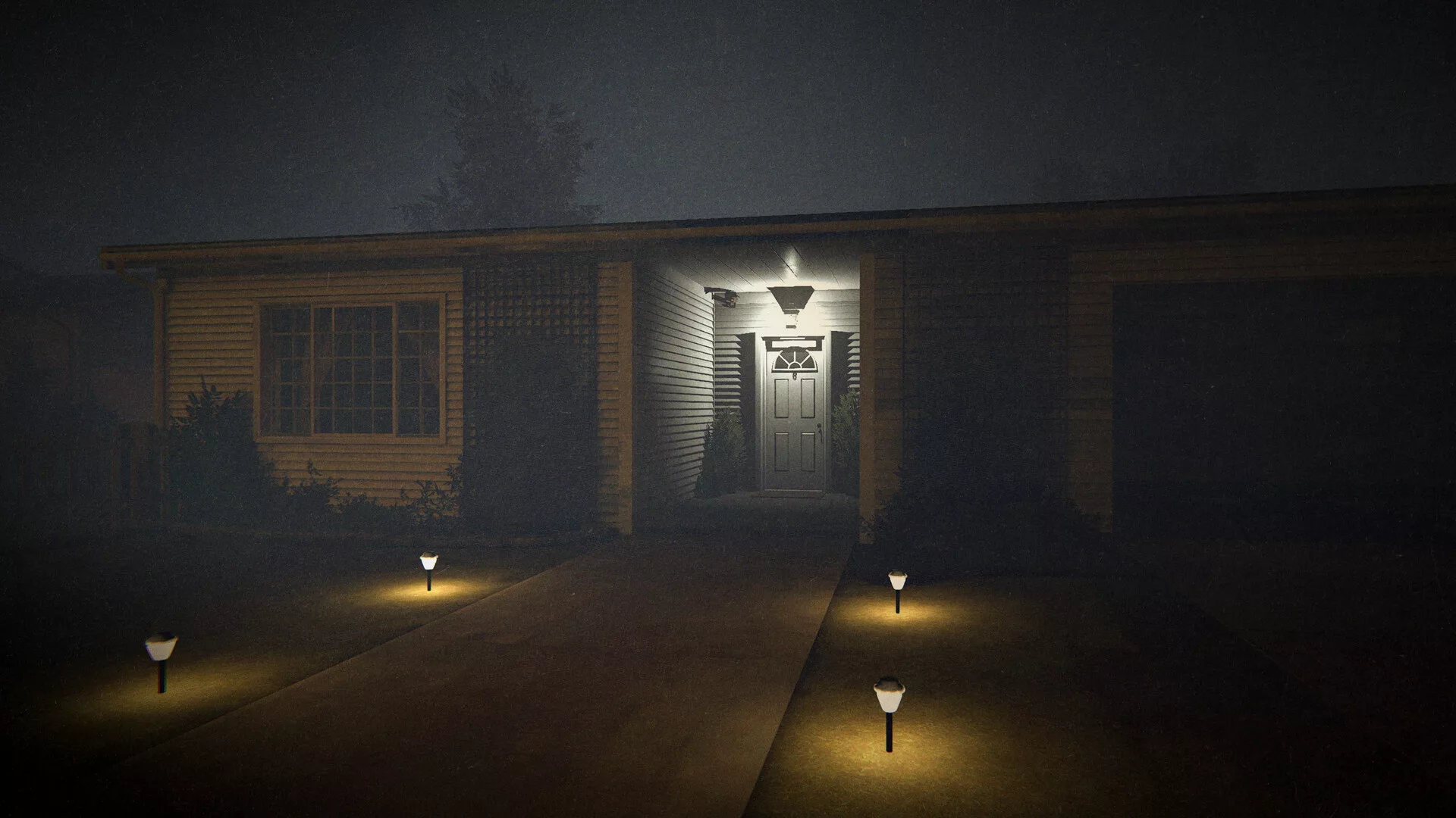 A entrada de uma casa de Phasmophobia à noite, com a porta iluminada e luzes no caminho