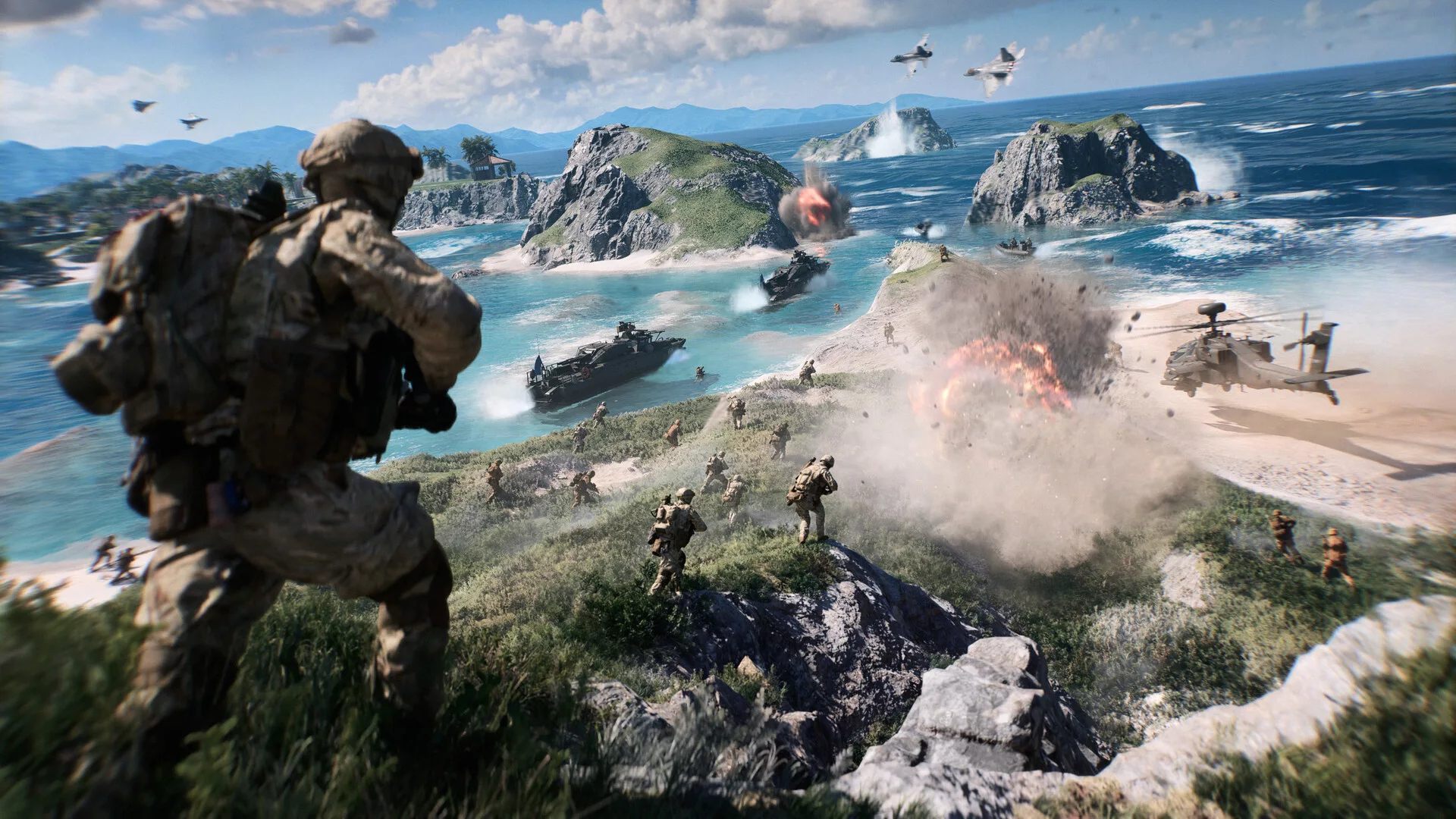 Batalha numa praia em Battlefield 6, com explosões, fumo e helicópteros