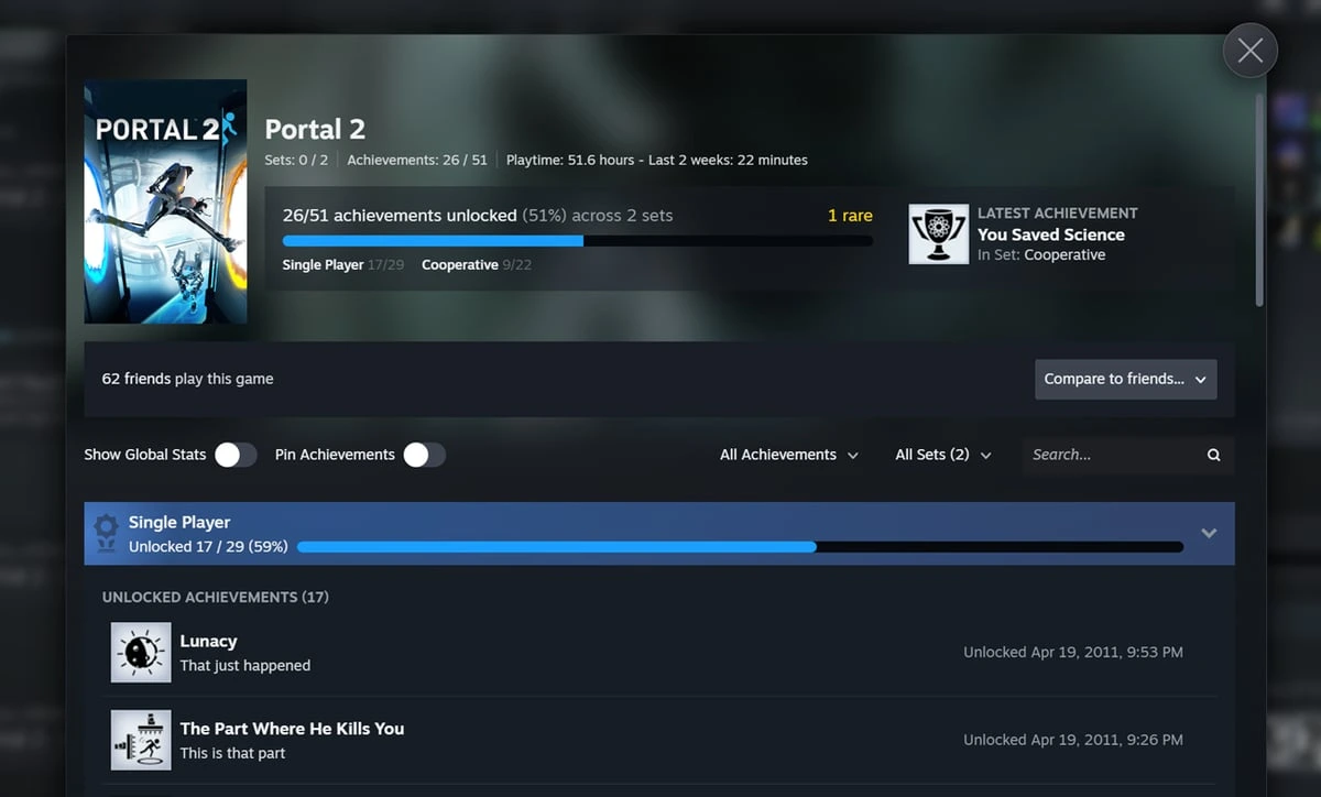 Página de conquistas de Portal 2 na Steam com os grupos Single Player e Cooperative